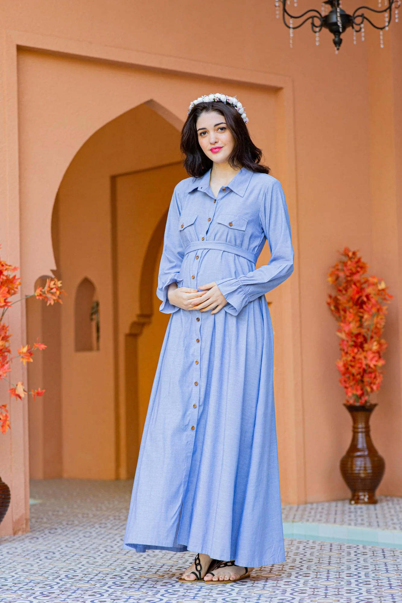 Cotton Denim Front Button Maternity & Nursing Maxi Dress - Chenance