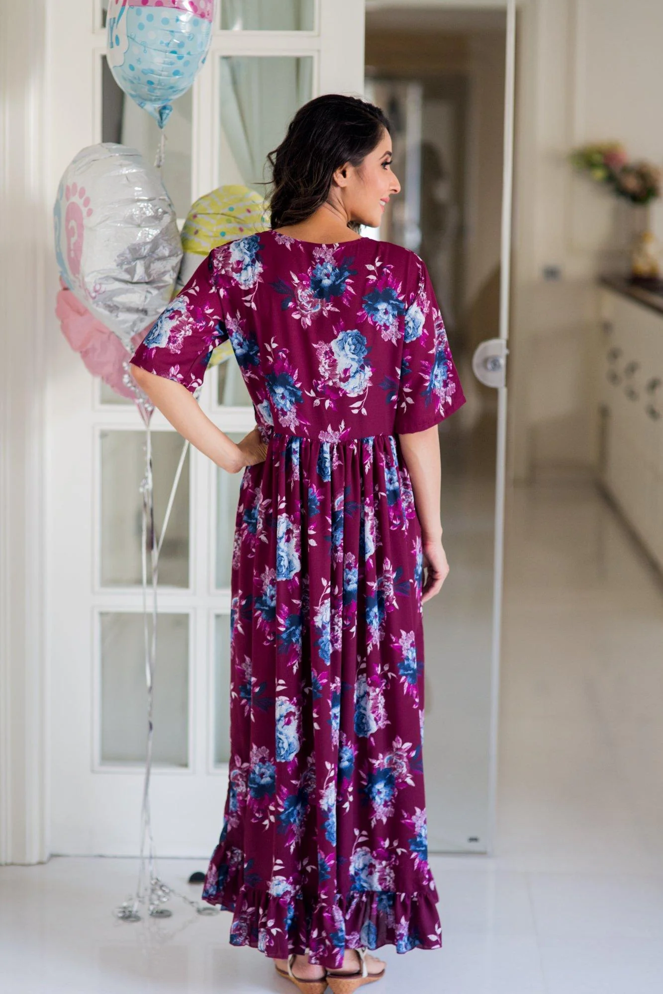 Violet Floral Frill Concealed Zips Maternity & Nursing Dress - Chenance