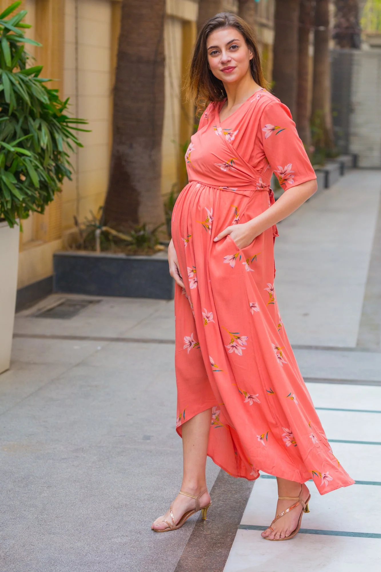 Soothing Coral Maternity & Nursing Wrap Dress - Chenance