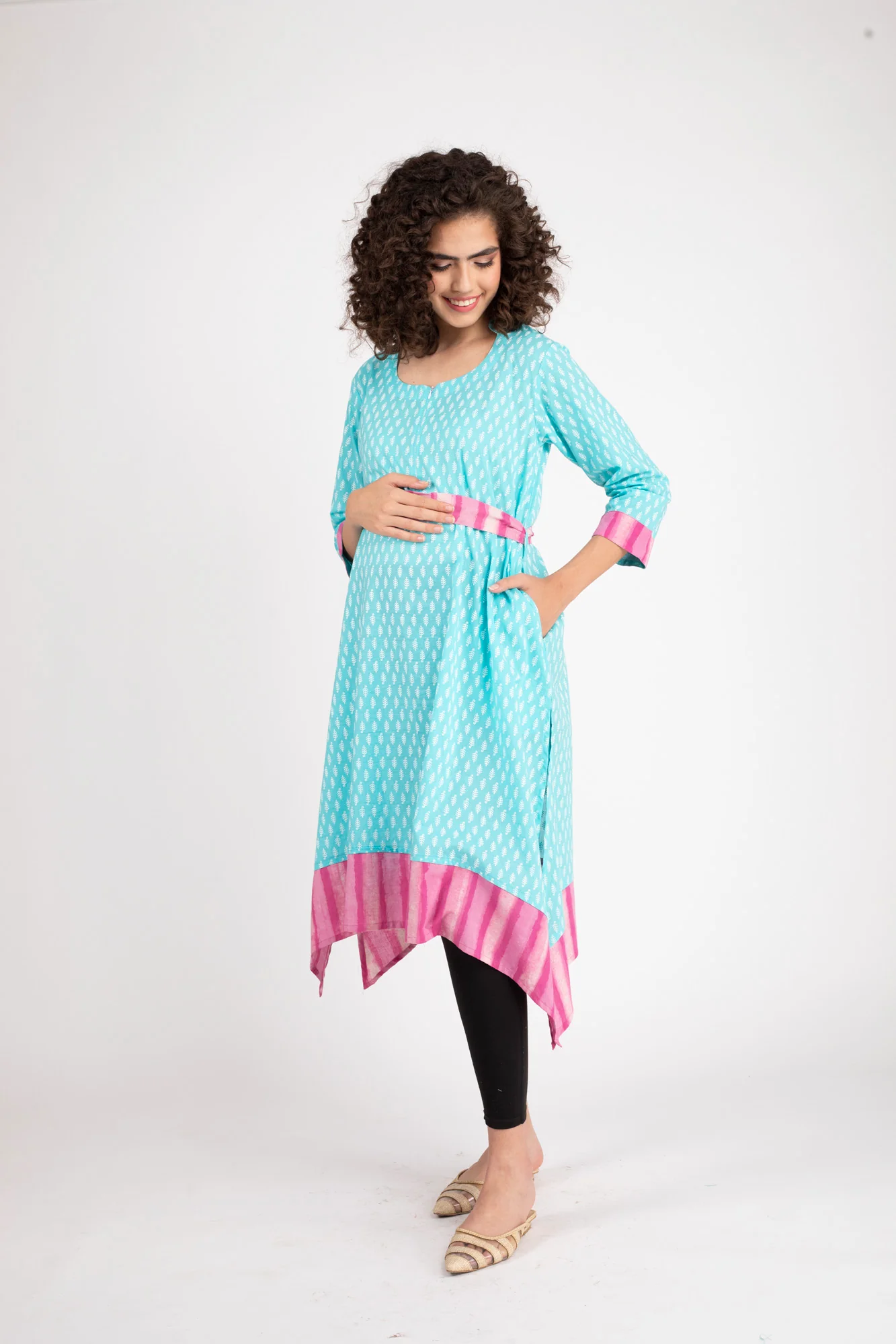 Turquoise Front Zip Nursing Kurta (100% Cotton) - Chenance