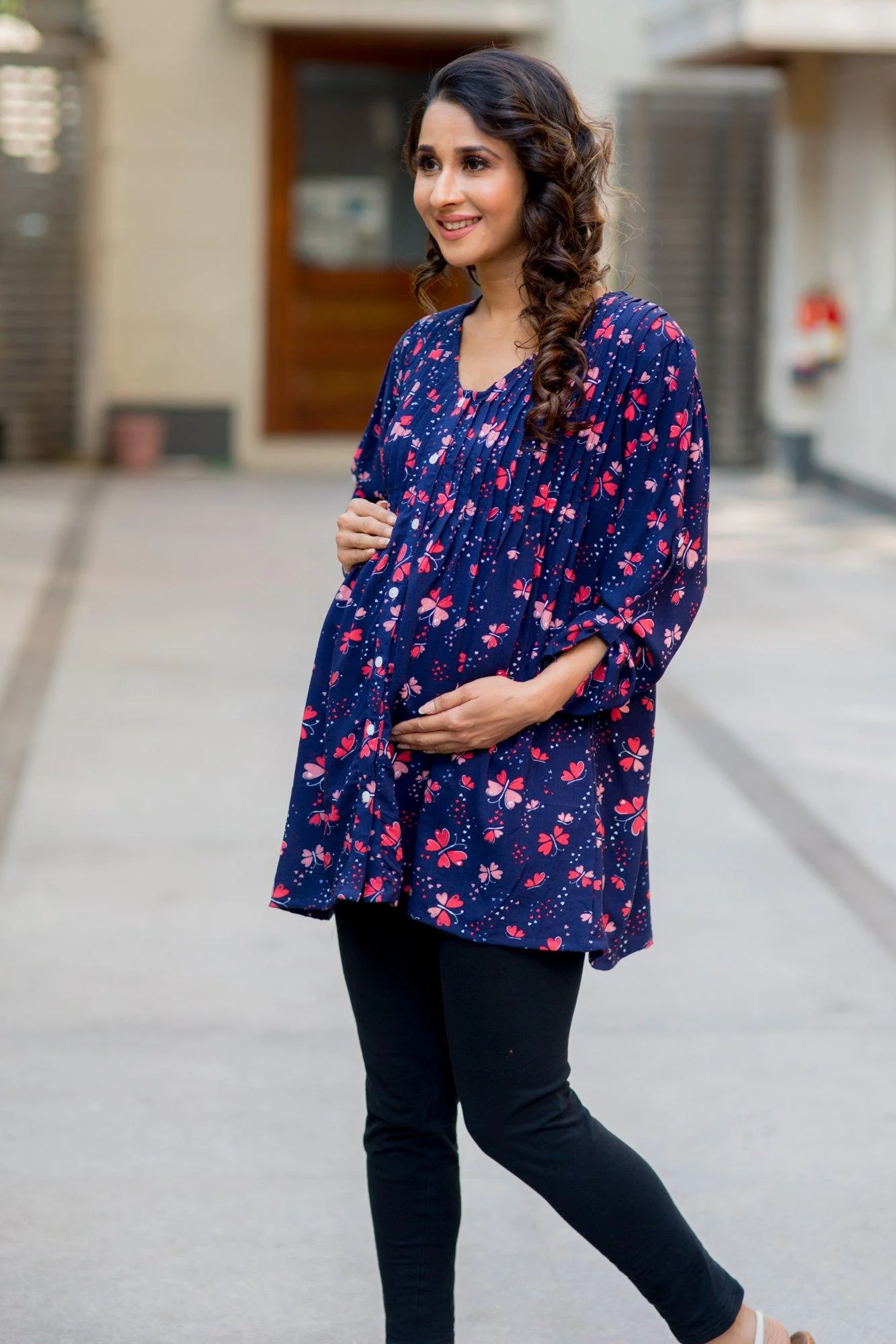Midnight Blue Pintucks Maternity and Nursing Shirt - Chenance