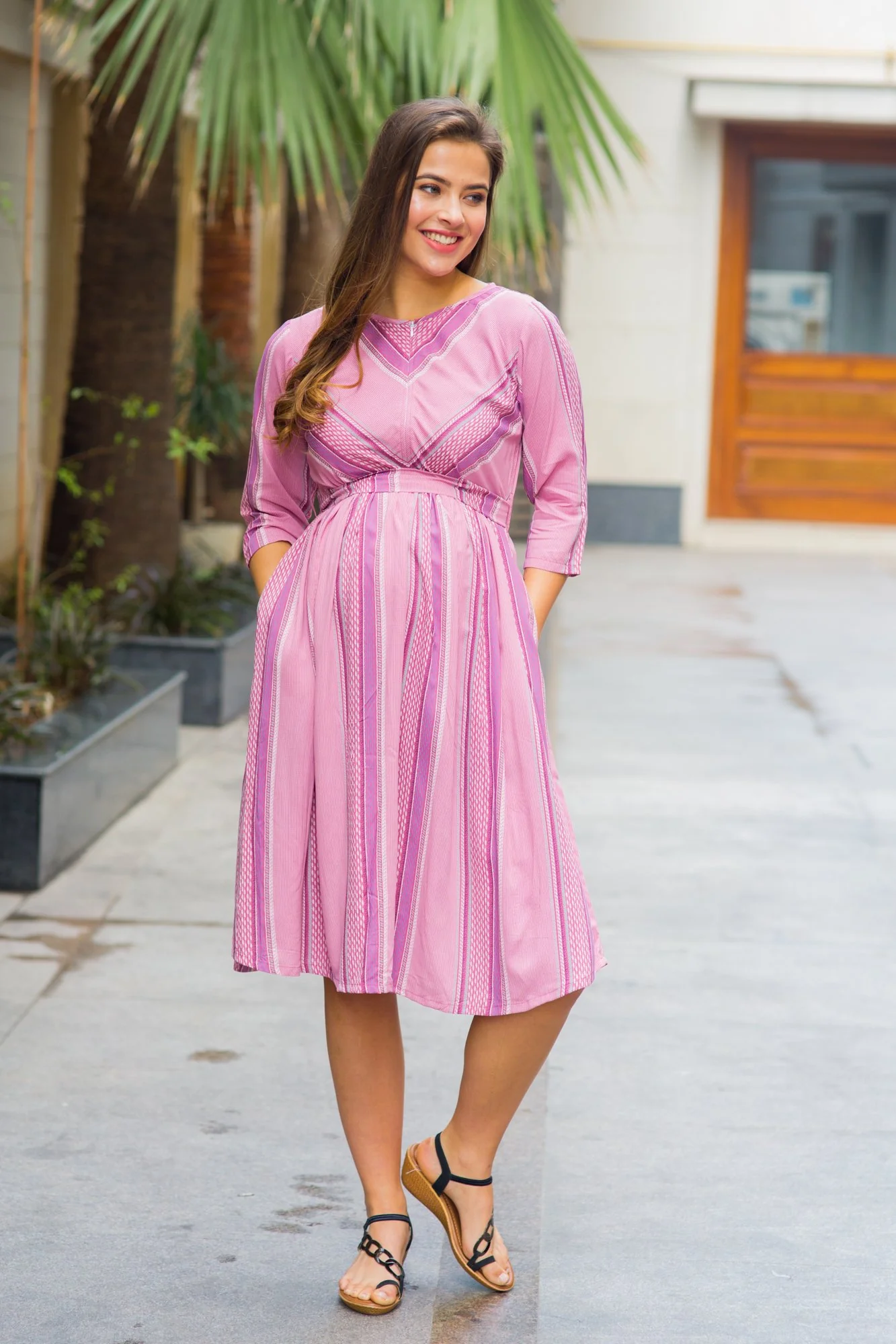 Mulberry Pink Stripe Front Zip Maternity & Nursing Dress - Chenance