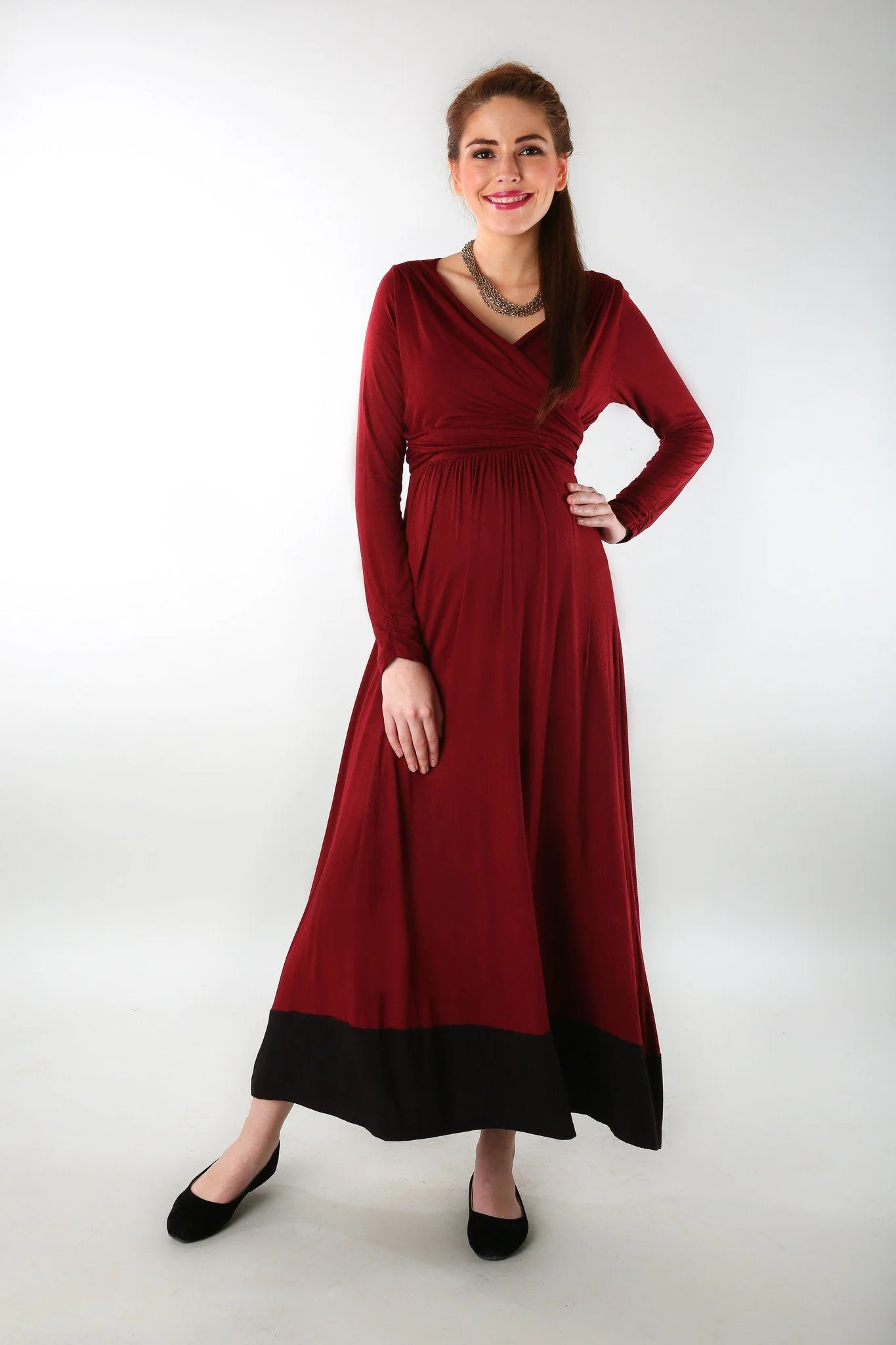 Elegant Wine Front Wrap Maternity Dress - Chenance