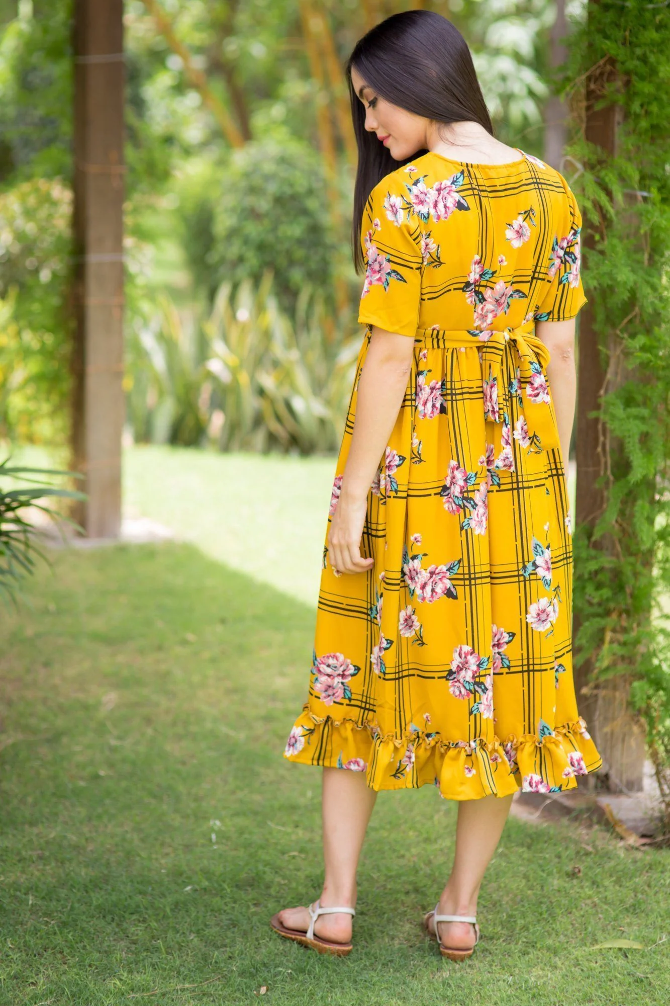 Sunny Striped Floral Frill Concealed Zips Nursing Dress - Chenance