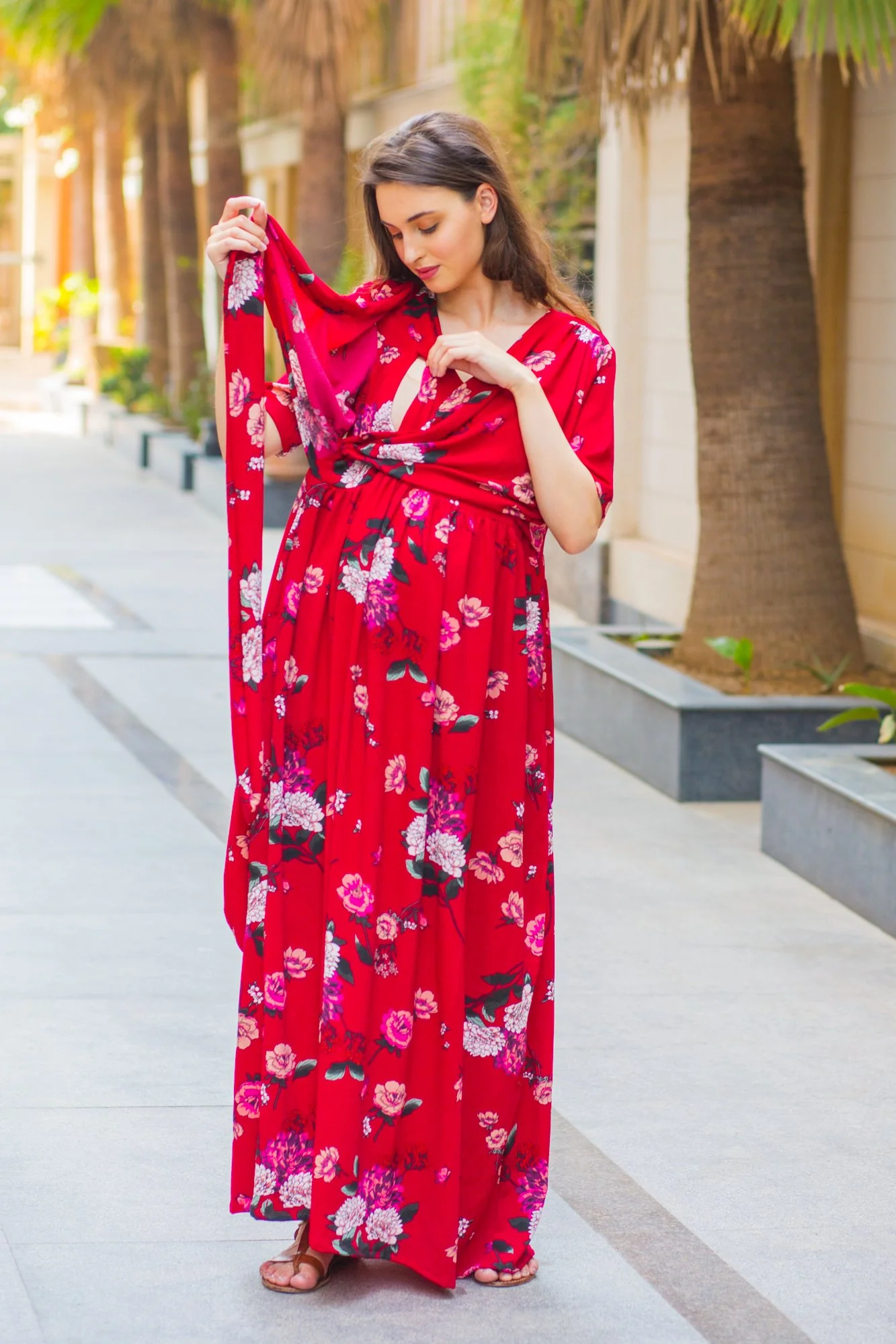 Luxe Red Floral Bubble Georgette Maternity & Nursing Wrap Dress - Chenance
