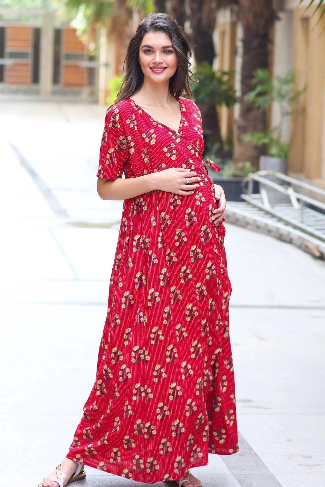 Cotton Raspberry Red Maternity & Nursing Wrap Dress - Chenance