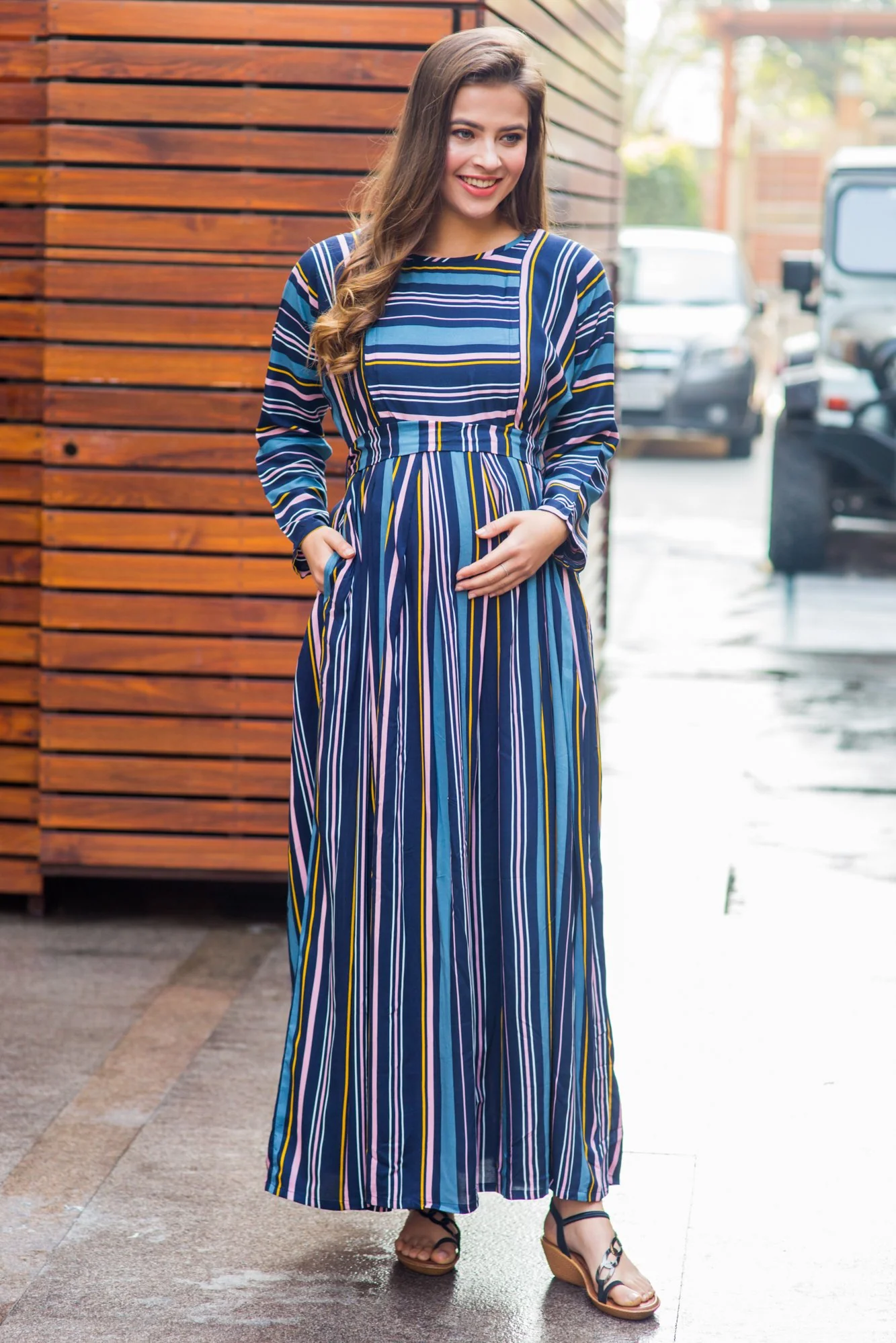 Azure & Peach Soft Viscose Maternity & Nursing Maxi Dress - Chenance