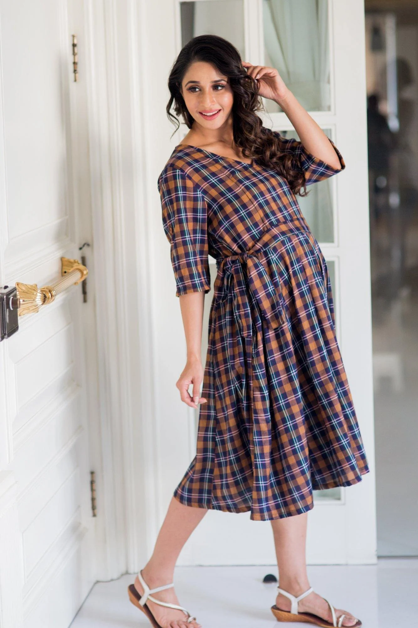 Chic Chestnut Plaid Maternity & Nursing Dress - Chenance