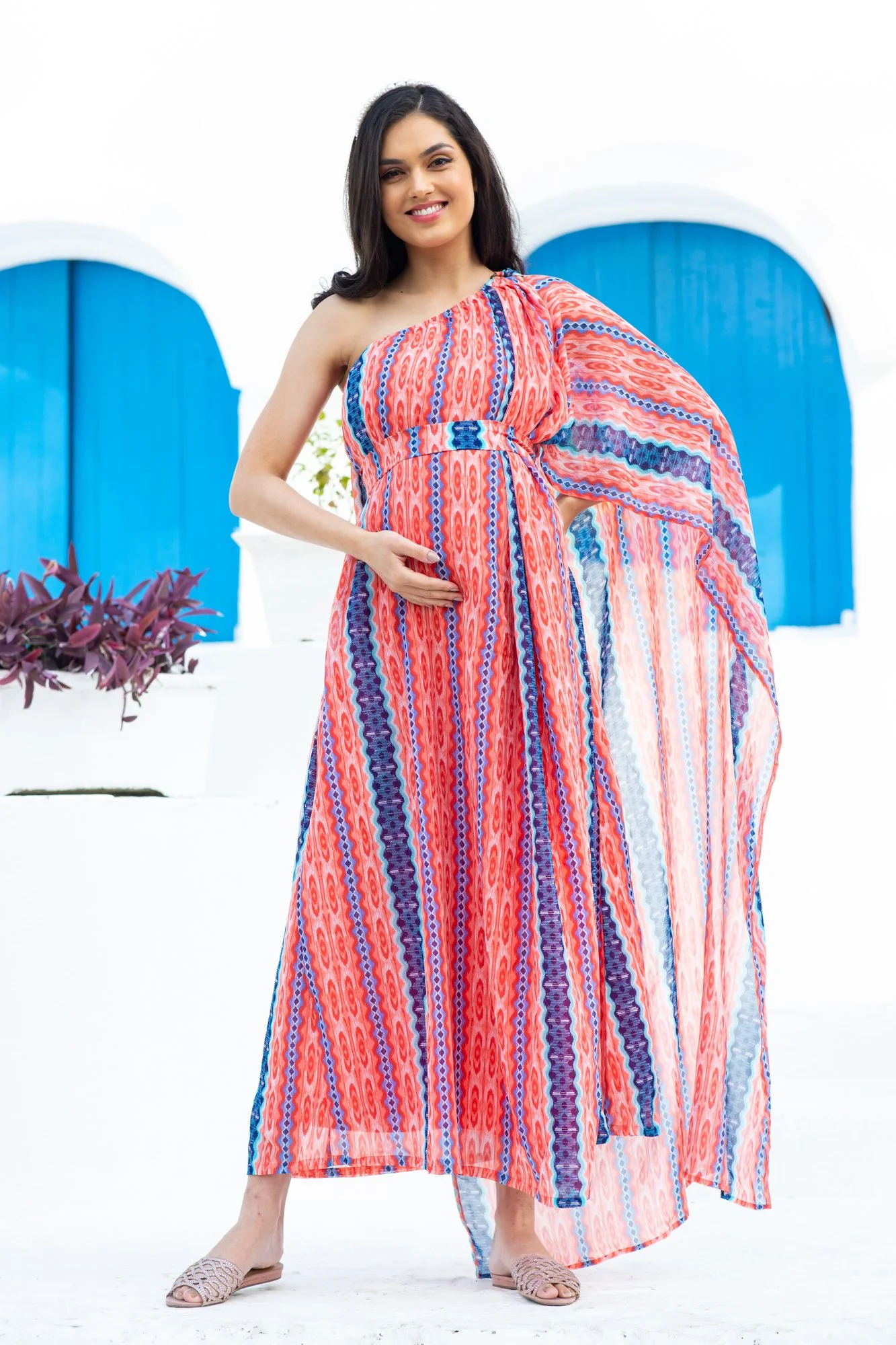 Luxe Tangerine One Shoulder Floral Maternity Gown - Chenance