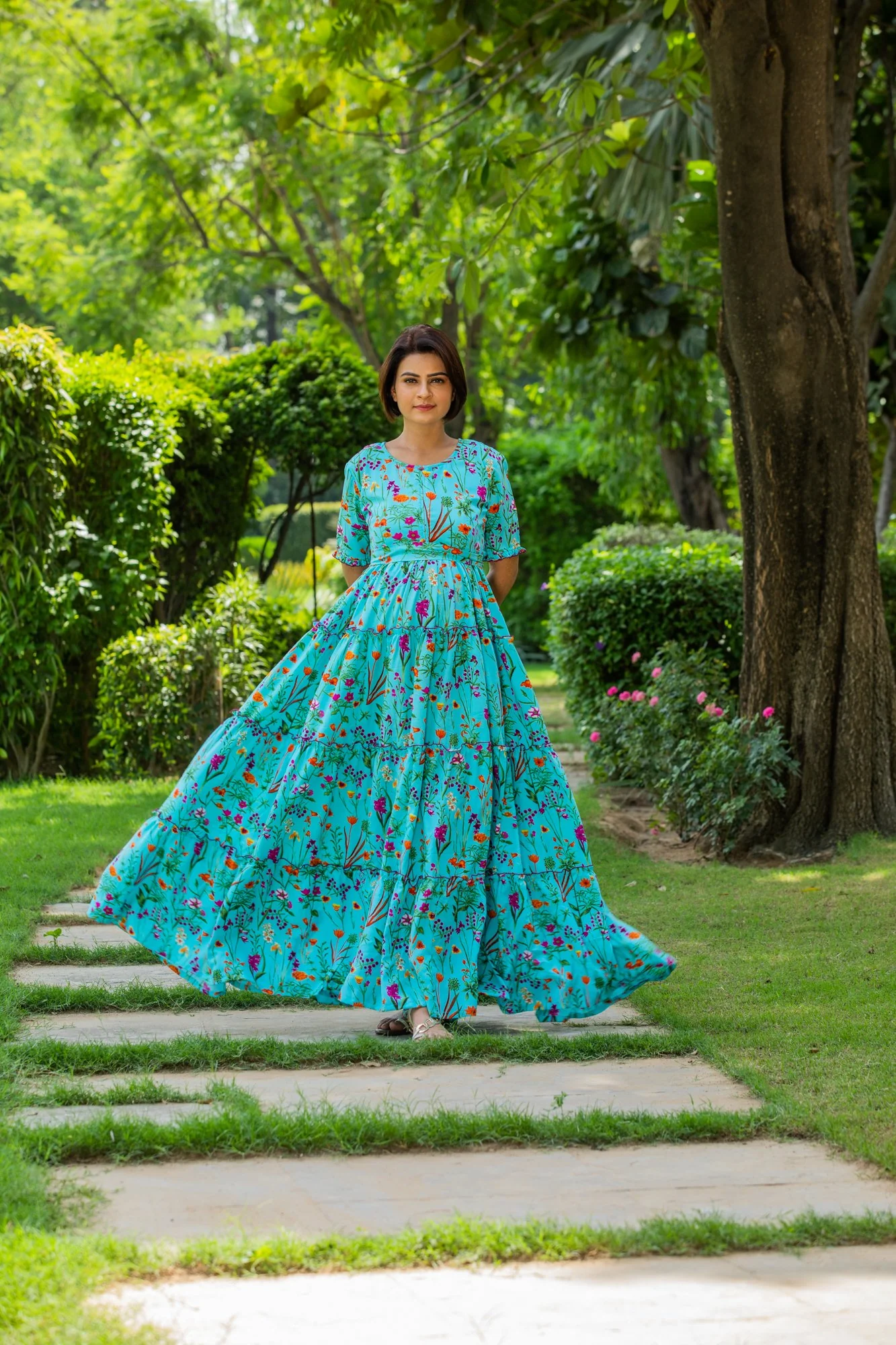 Teal Aqua Multilayer Frill Single Concealed Zip Maternity & Nursing Dress - Chenance