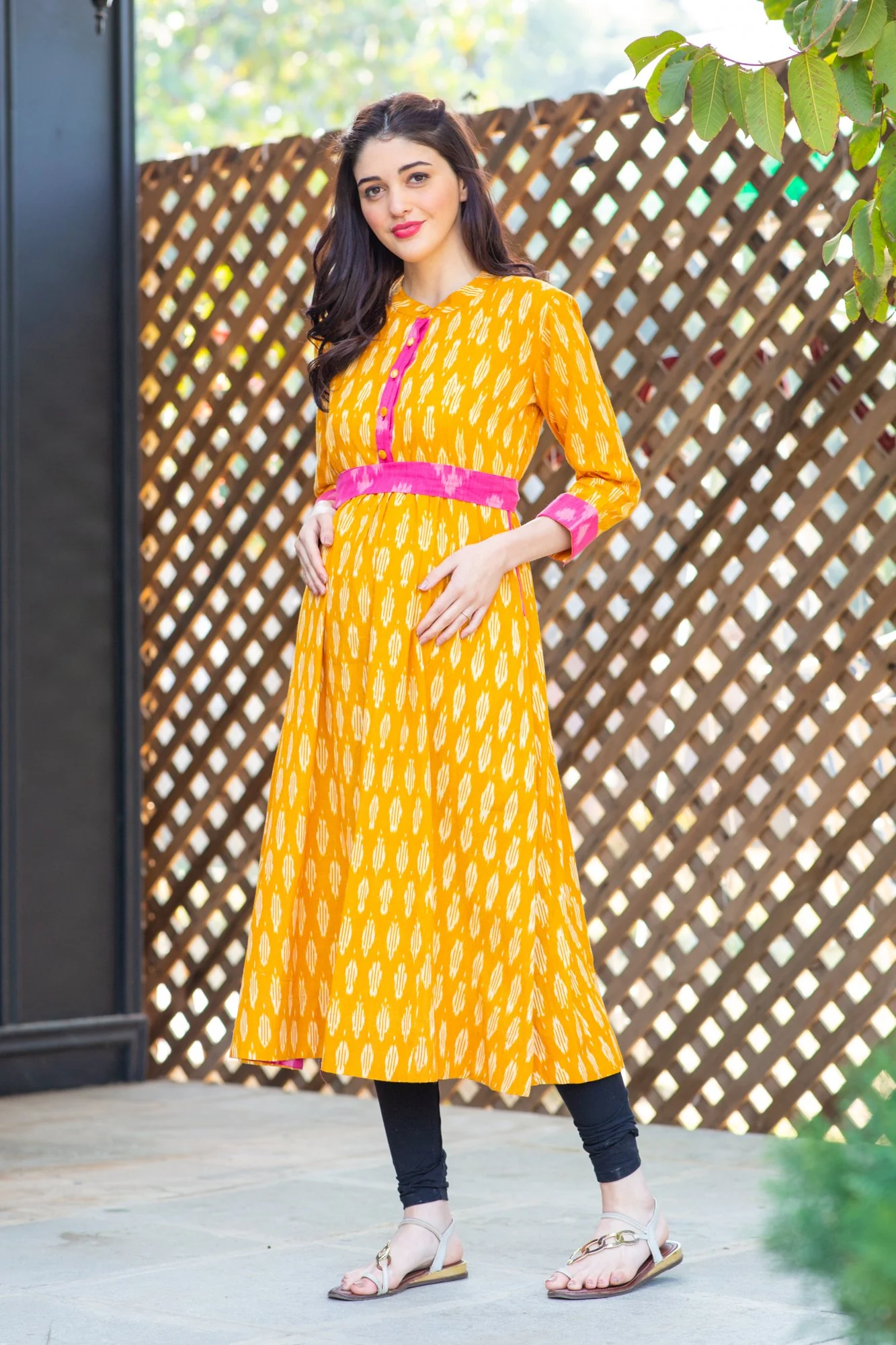 Honey Yellow Ikat Pocket Maternity & Nursing Kurta - Chenance