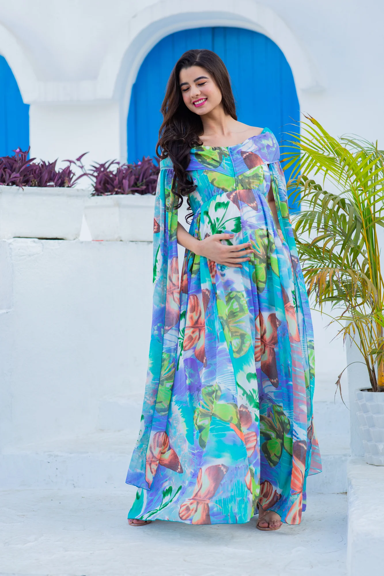 Aquamarine Blue Butterflying Sleeves Maternity & Nursing Dress - Chenance