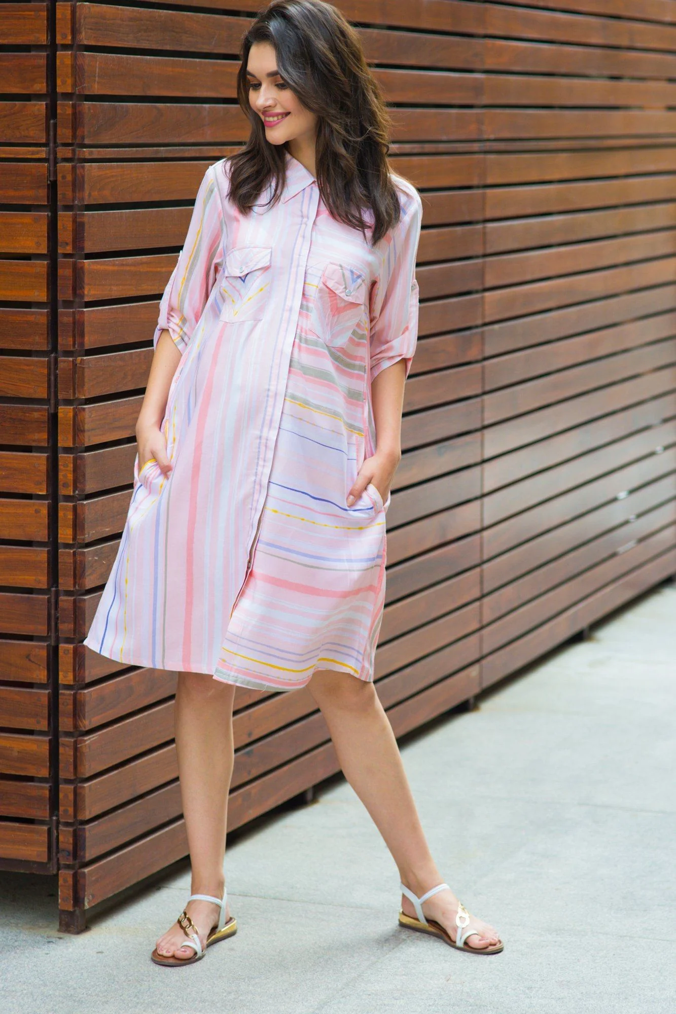 Peach Striped Maternity & Nursing Shirt Dress - Chenance