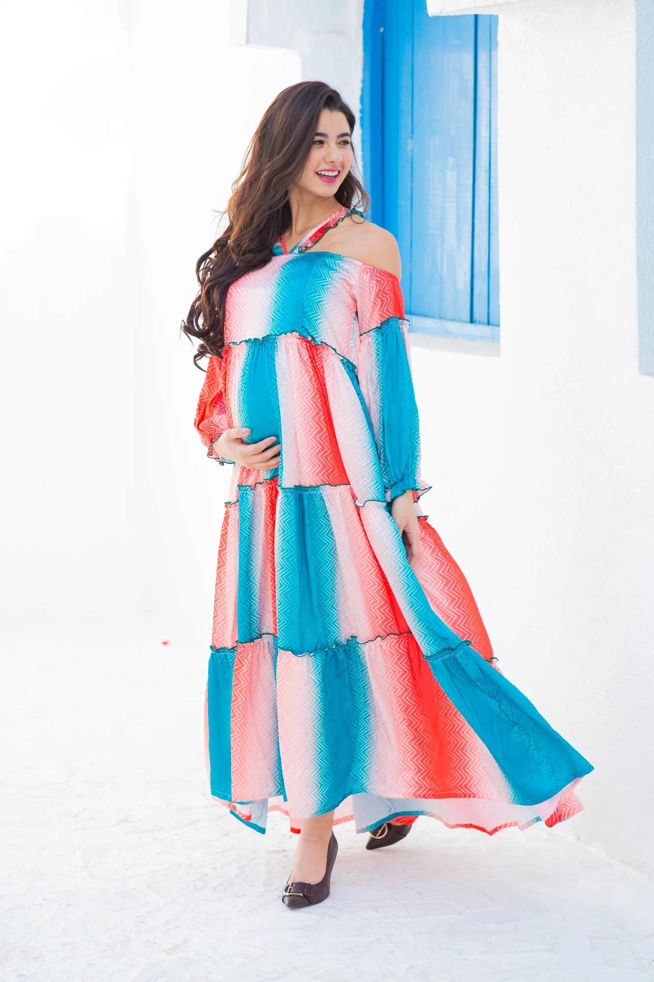 Beautiful Cherry Chevron Halter Maternity & Nursing Frill Dress - Chenance