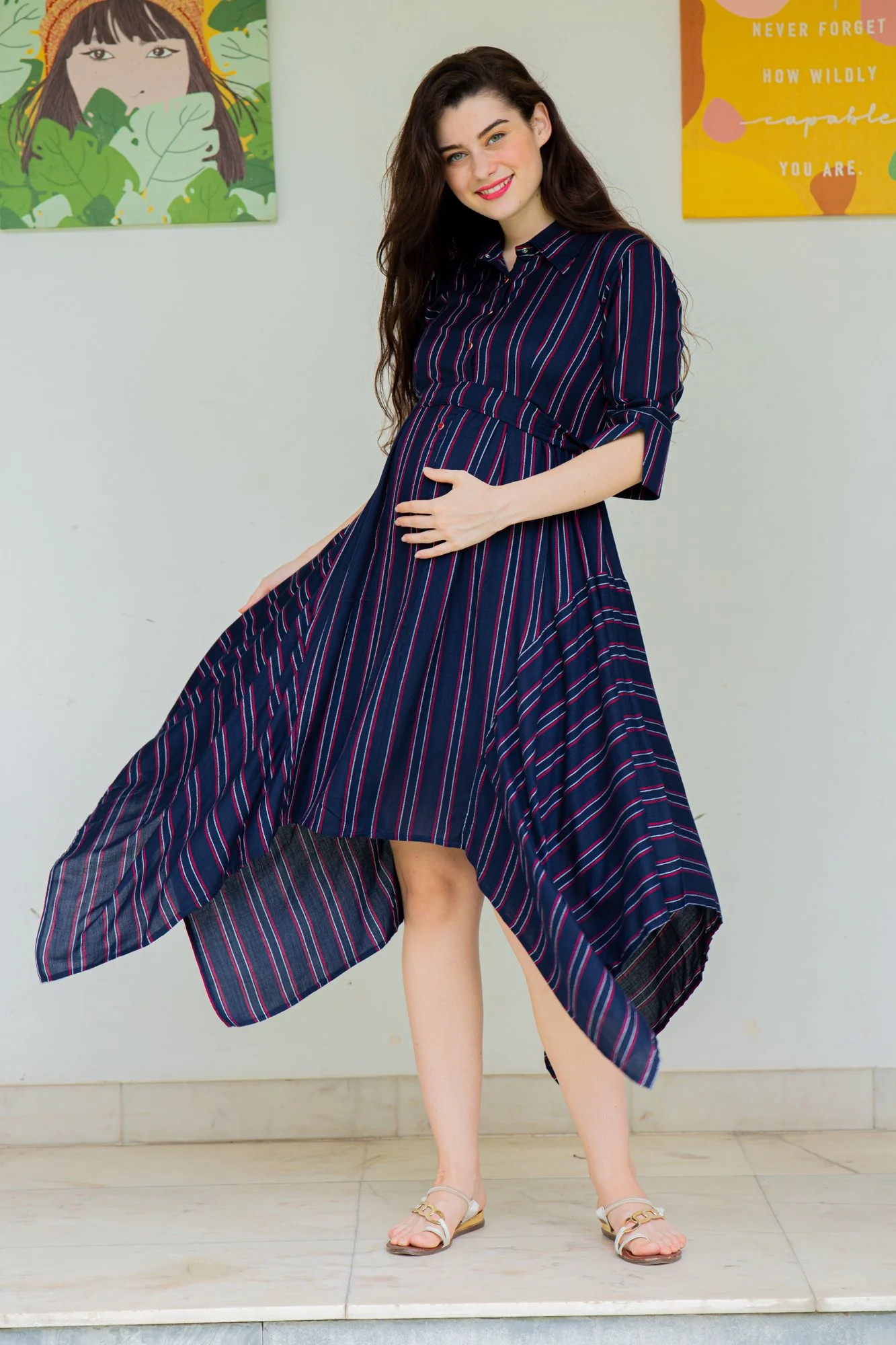 Asymmetrical Stripes Maternity & Nursing Dress - Chenance