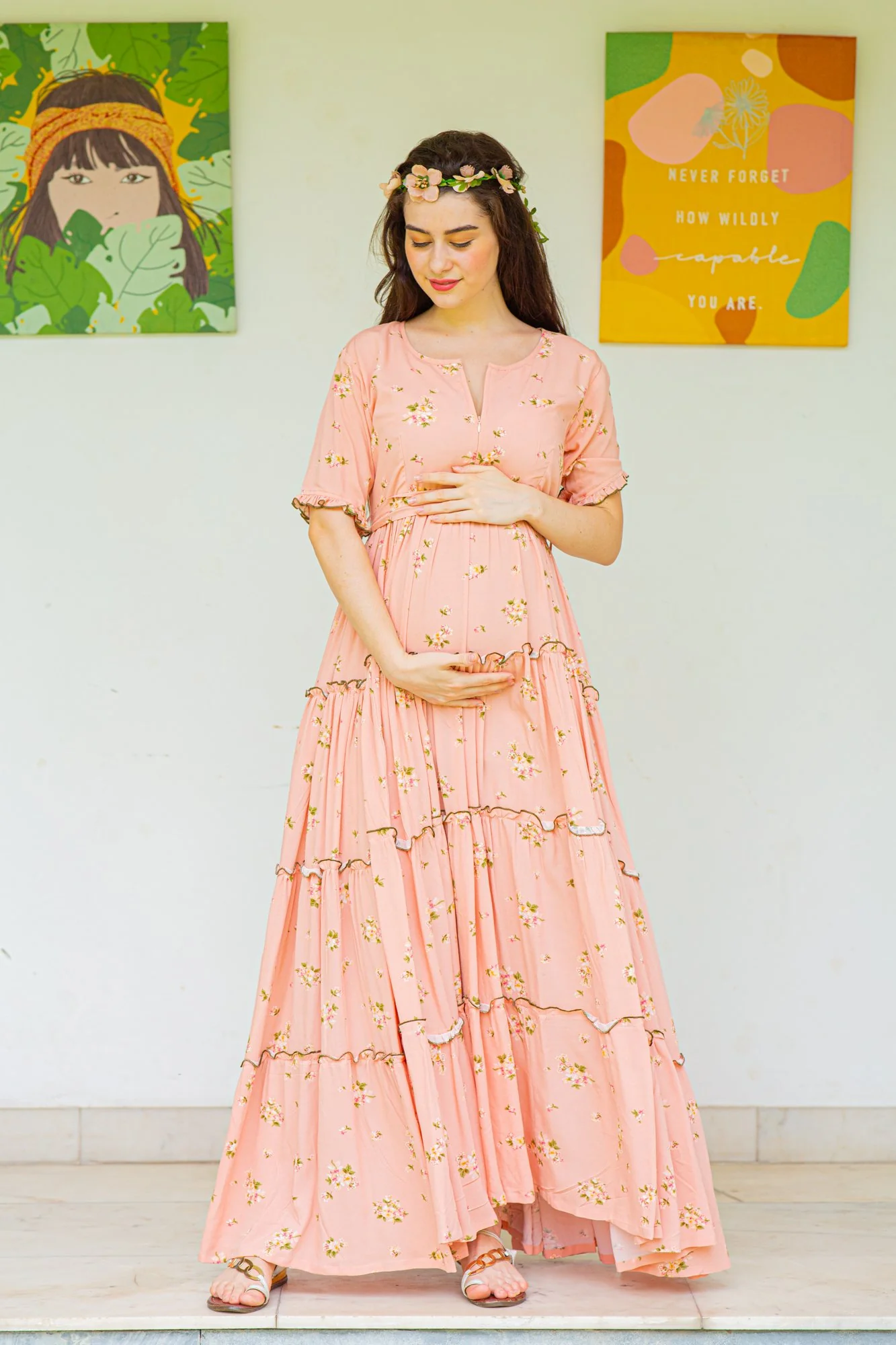 Peach Garden Frill Maternity & Nursing Dress - Chenance