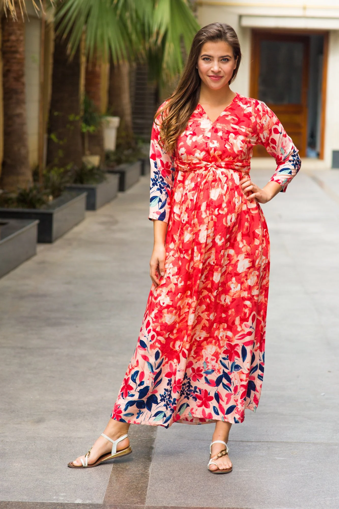 Peachy Blossom Ombre Maternity Knot Dress - Chenance