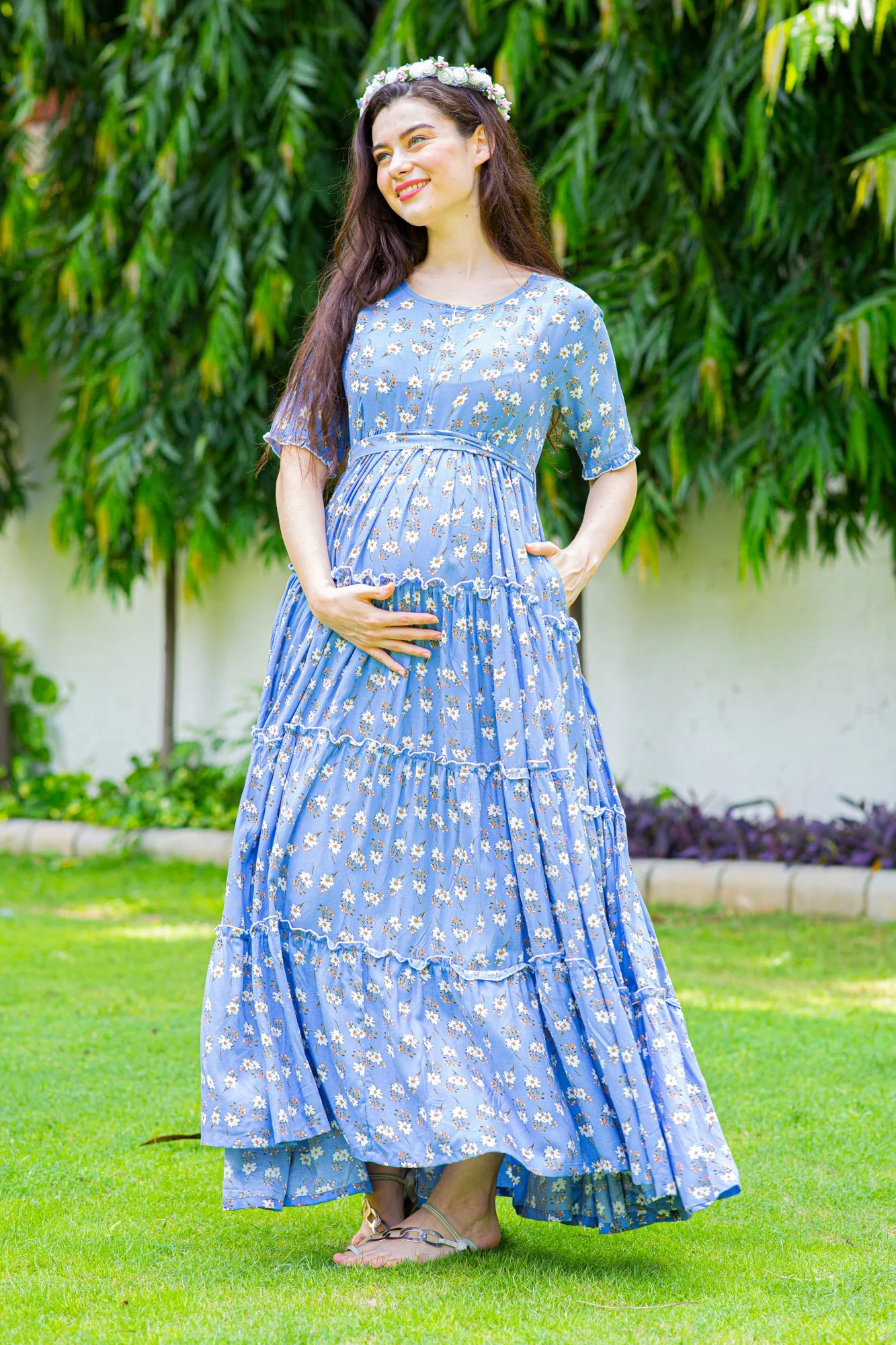 Baby Blue Frill Maternity & Nursing Dress - Chenance