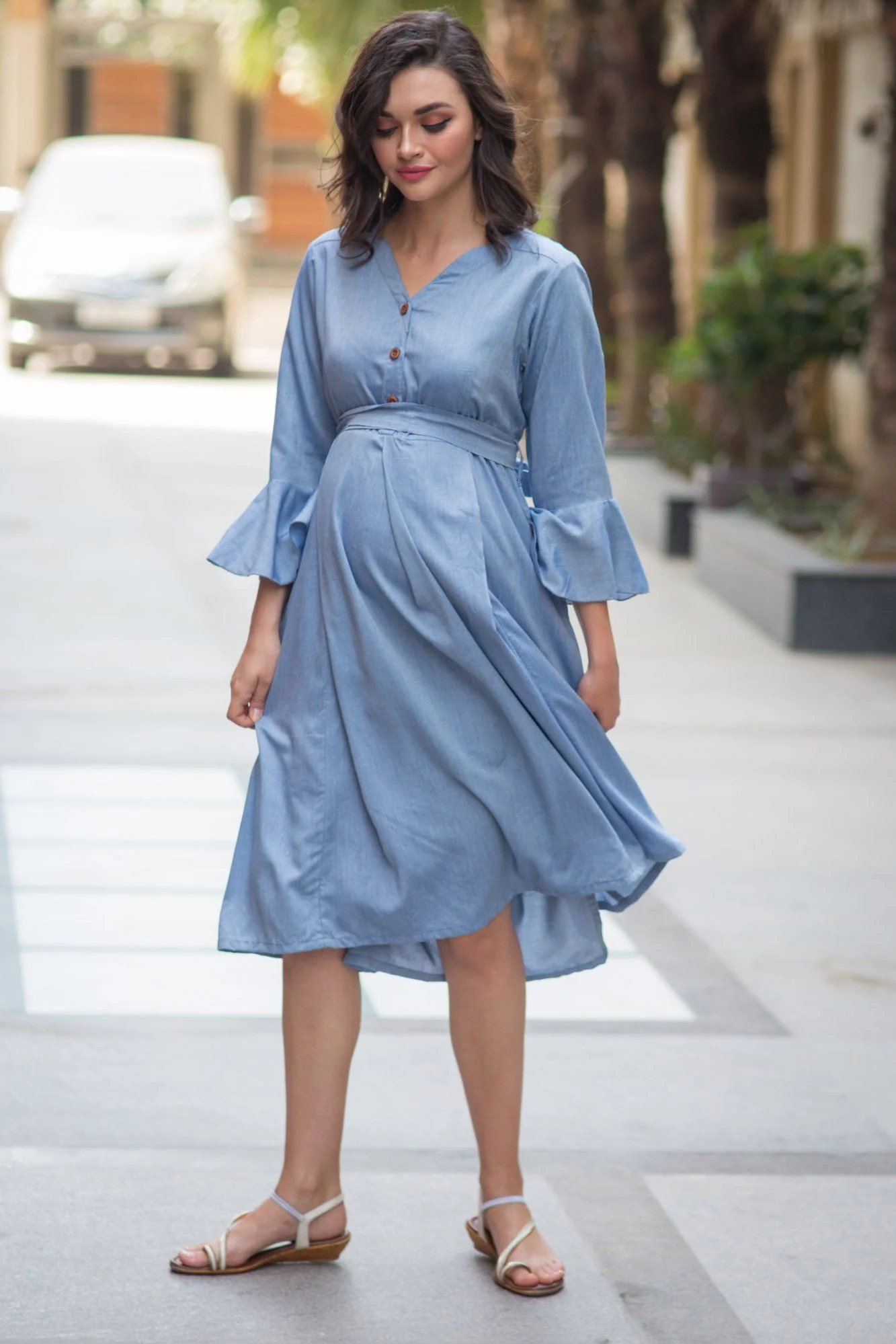 Denim Front Button Maternity & Nursing Dress - Chenance