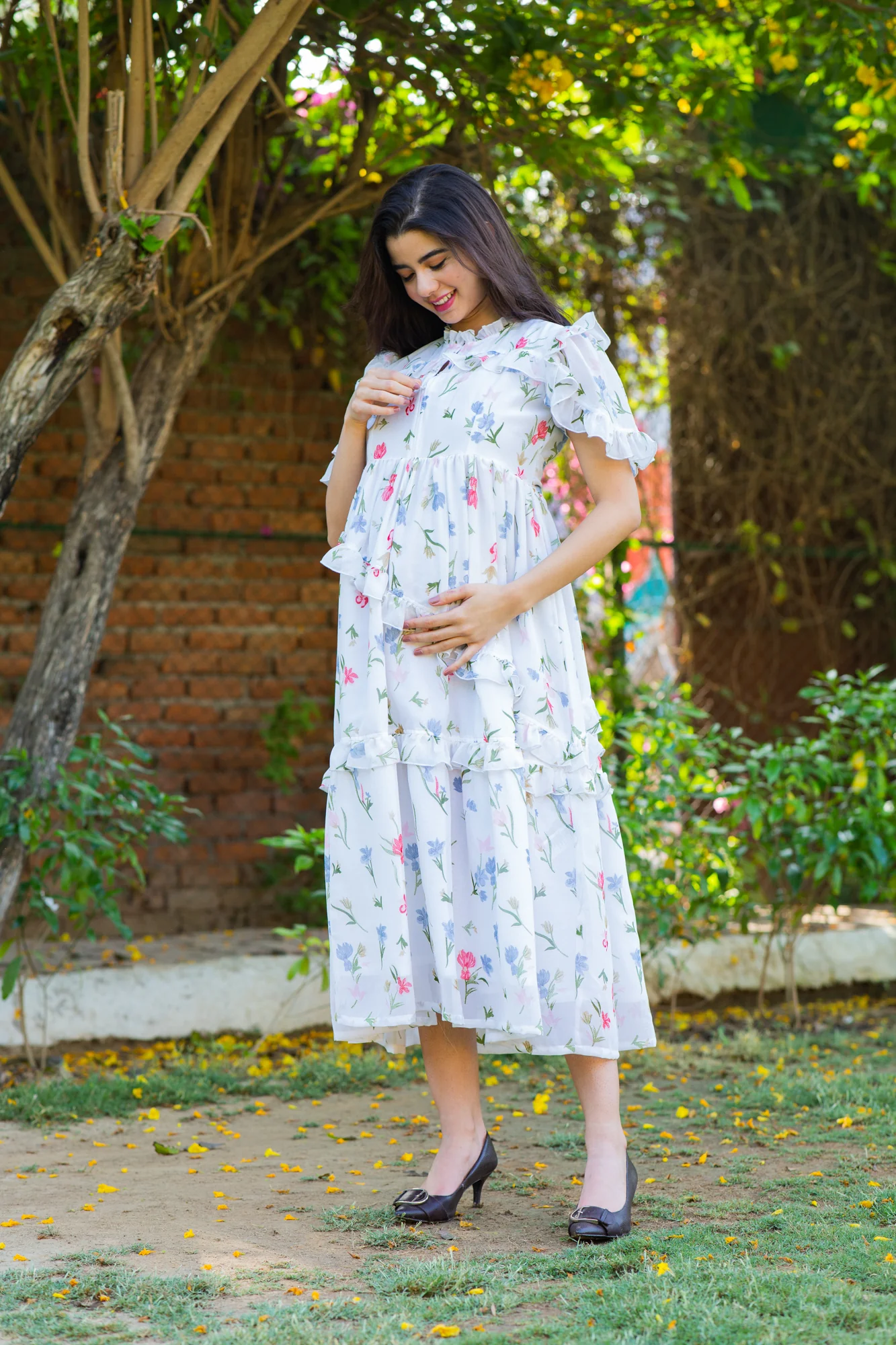 Angelic White Bloom Maternity & Nursing Frill Dress - Chenance