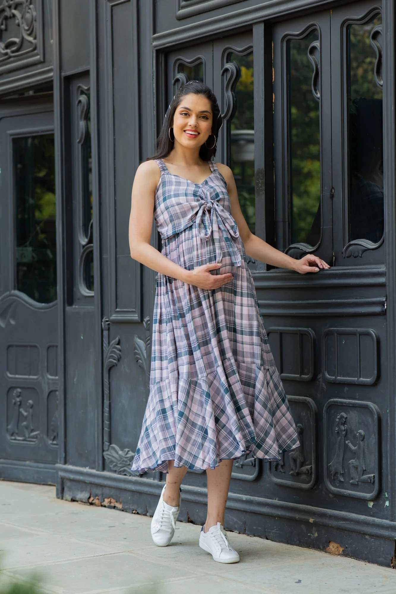 Arctic Plaid Dual Bow Maternity Dress - Chenance