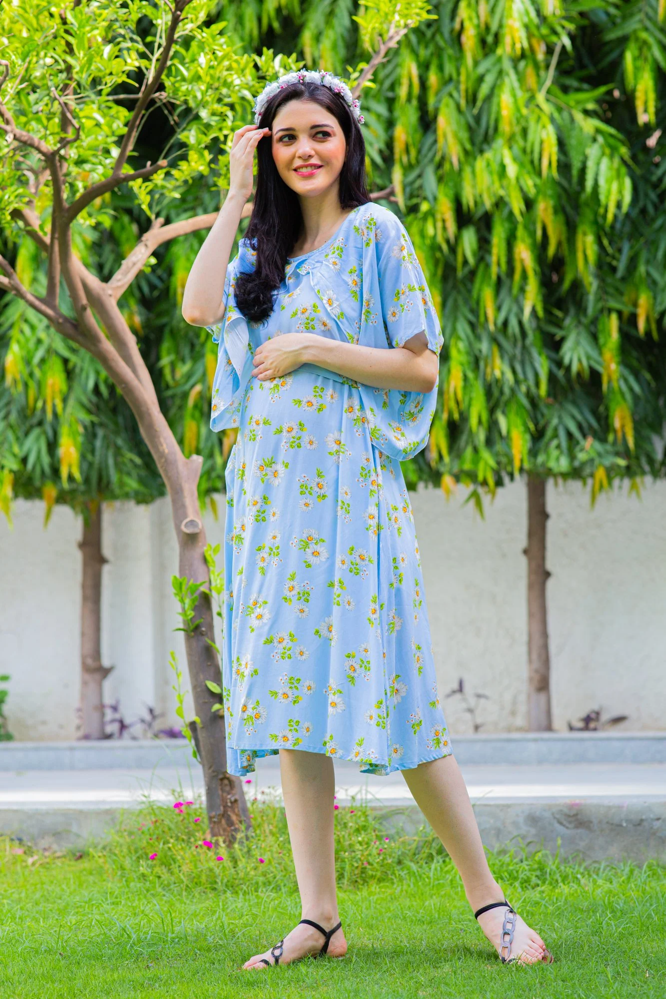 Sky Blue Maternity & Nursing Flap Dress - Chenance