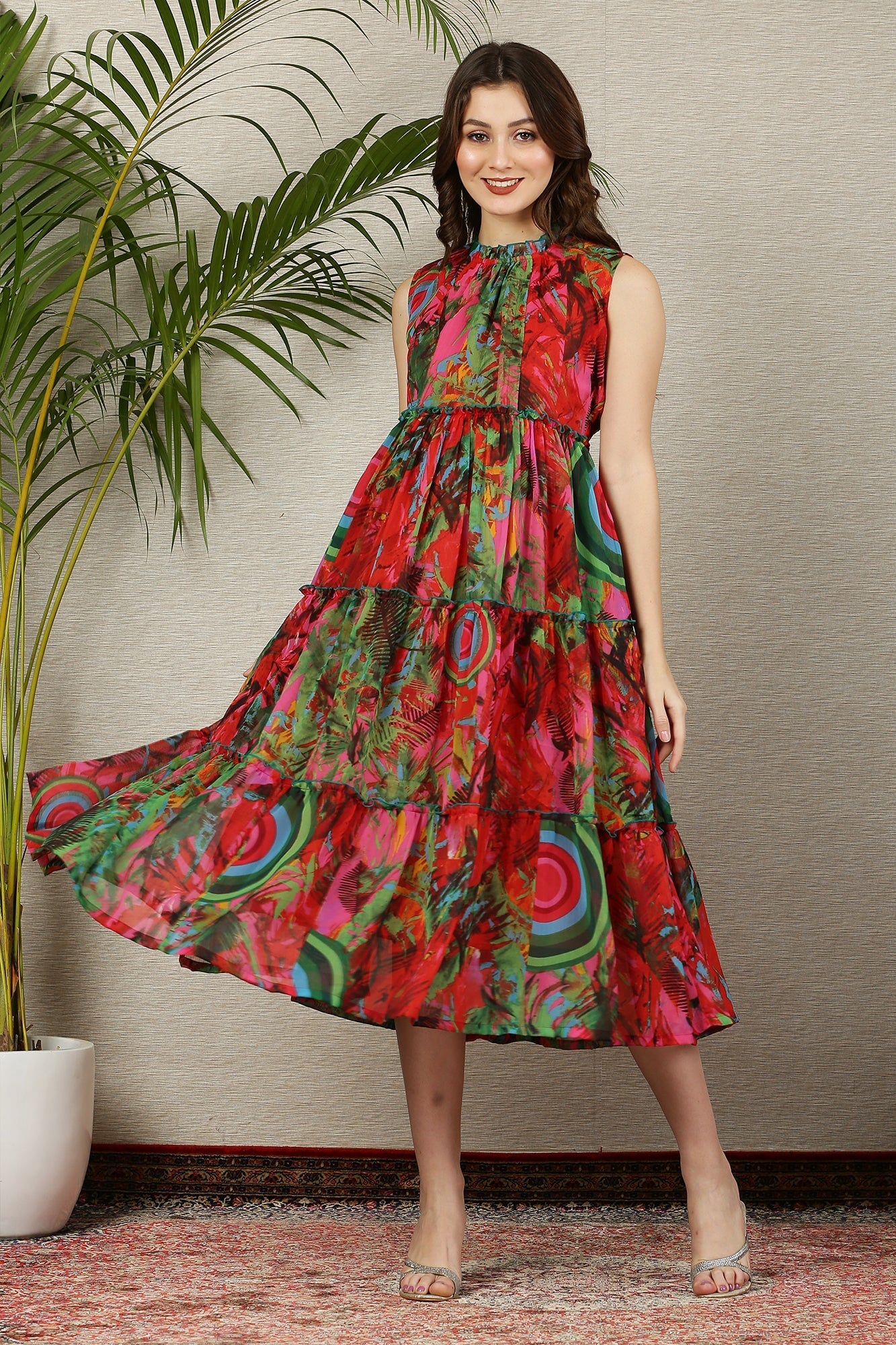 Tropical Multicolor Maternity & Nursing Concealed Zips Frill Dress - Chenance