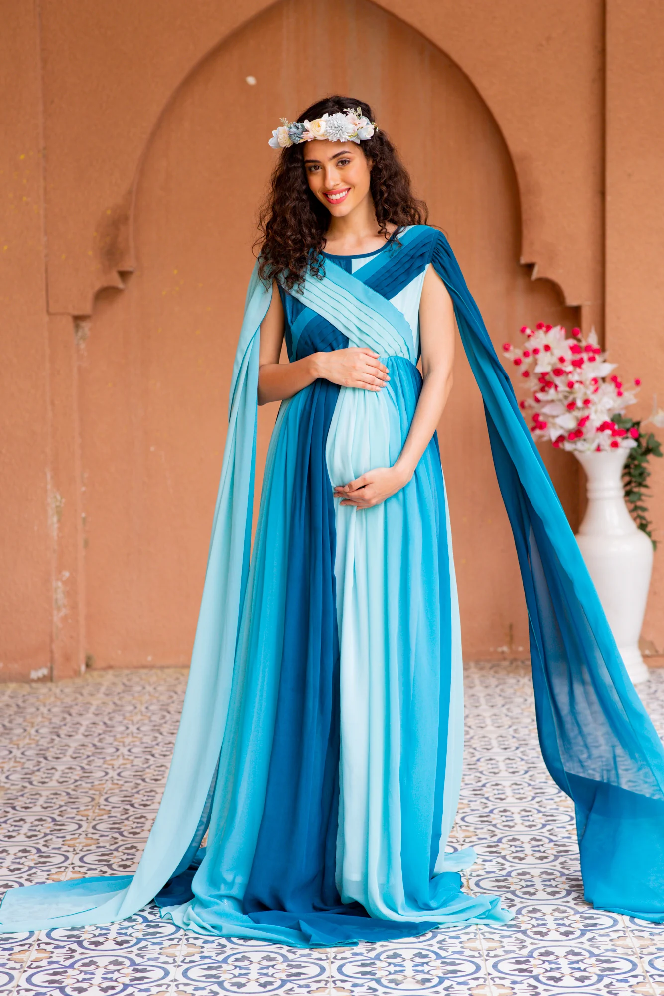 Victoria Blue Monochromatic Maternity Trail Photoshoot Gown - Chenance