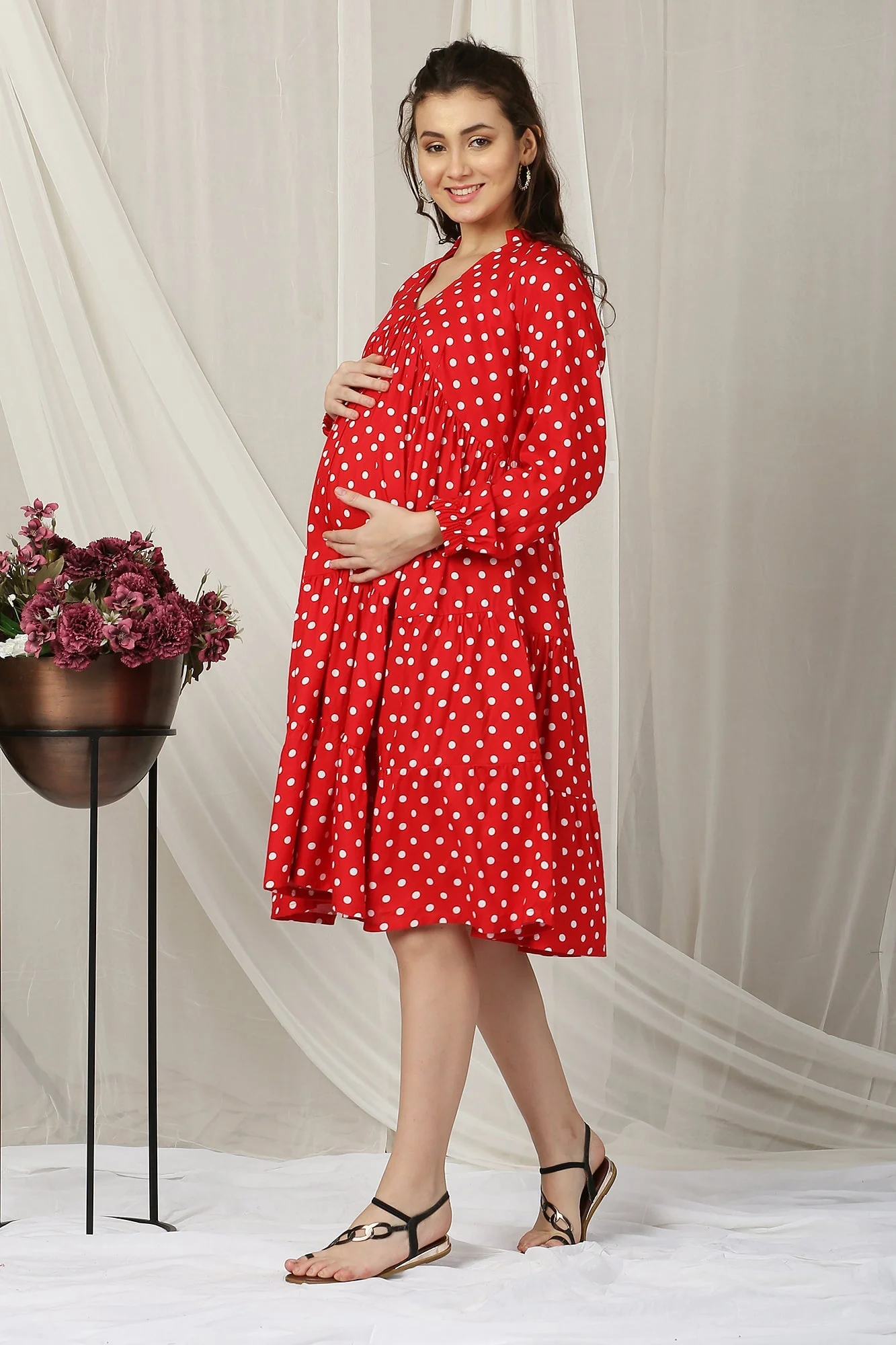 Timeless Red Polka Maternity & Nursing Layered Dress - Chenance
