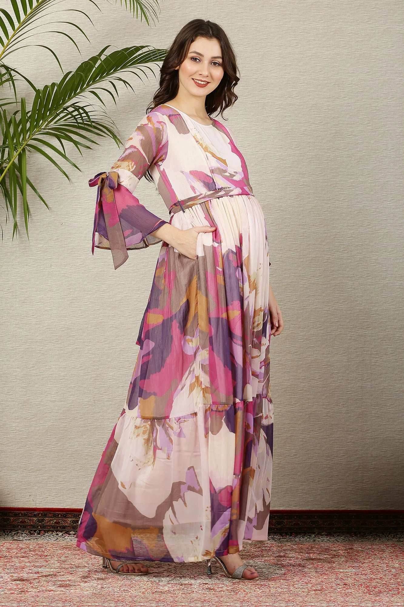 White Cascading Dusty Pinkish Maternity & Nursing Frill Dress - Chenance