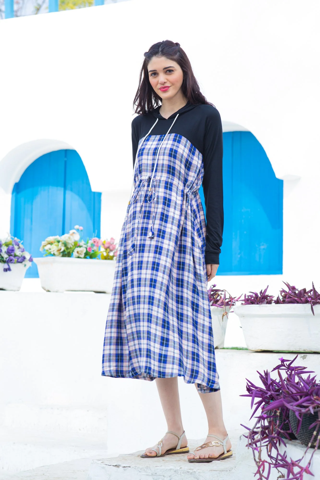 Azure Plaid Maternity Hoodie Dress - Chenance