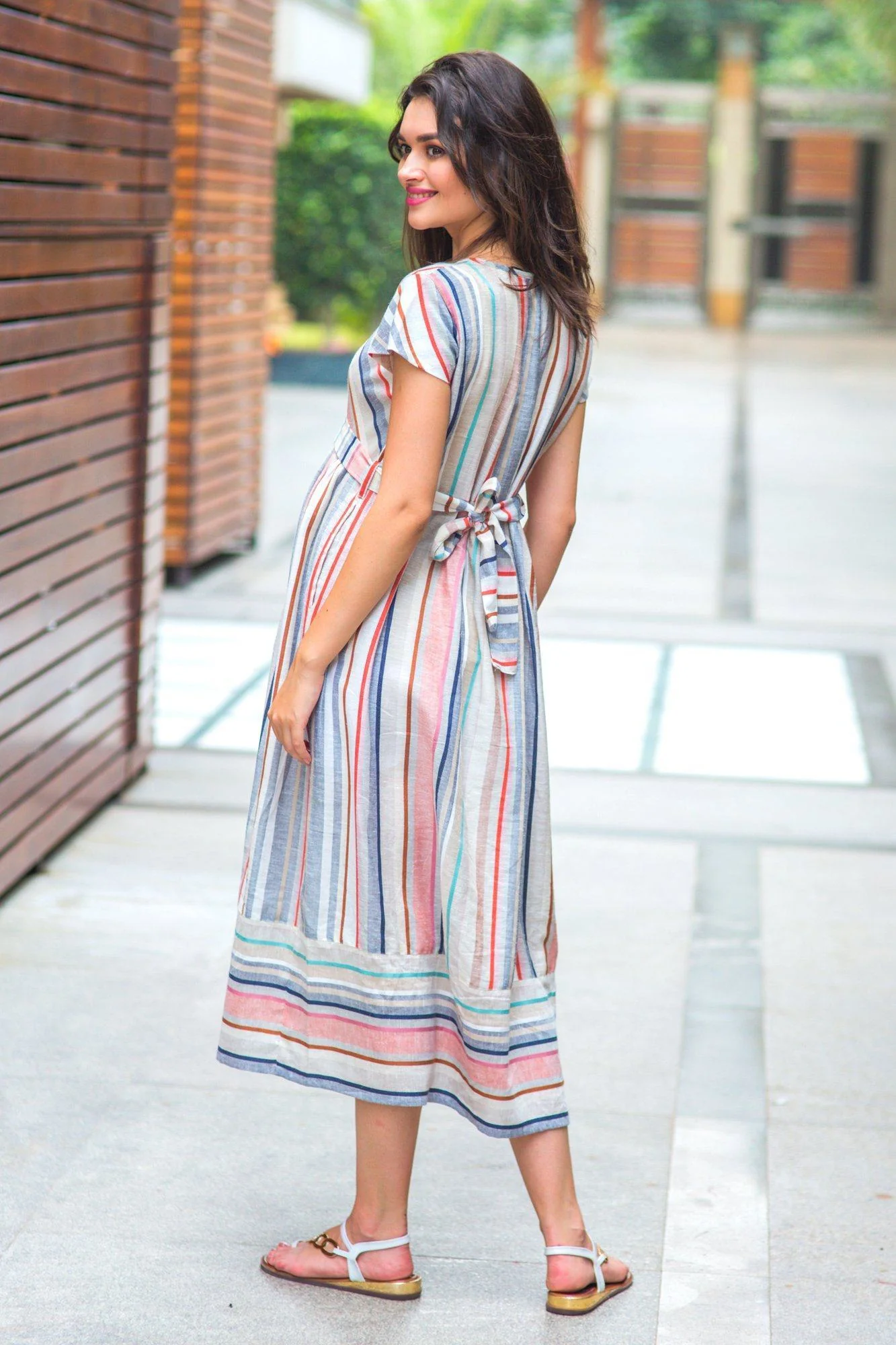 Abstract Striped Linen Maternity & Nursing Dress - Chenance