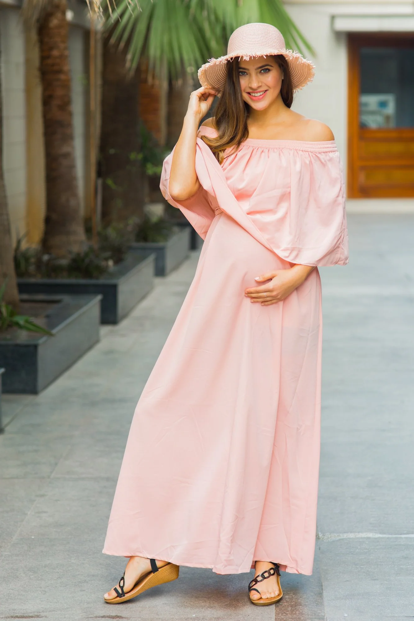 Peachy Pink Off-Shoulder Maternity Maxi Dress - Chenance