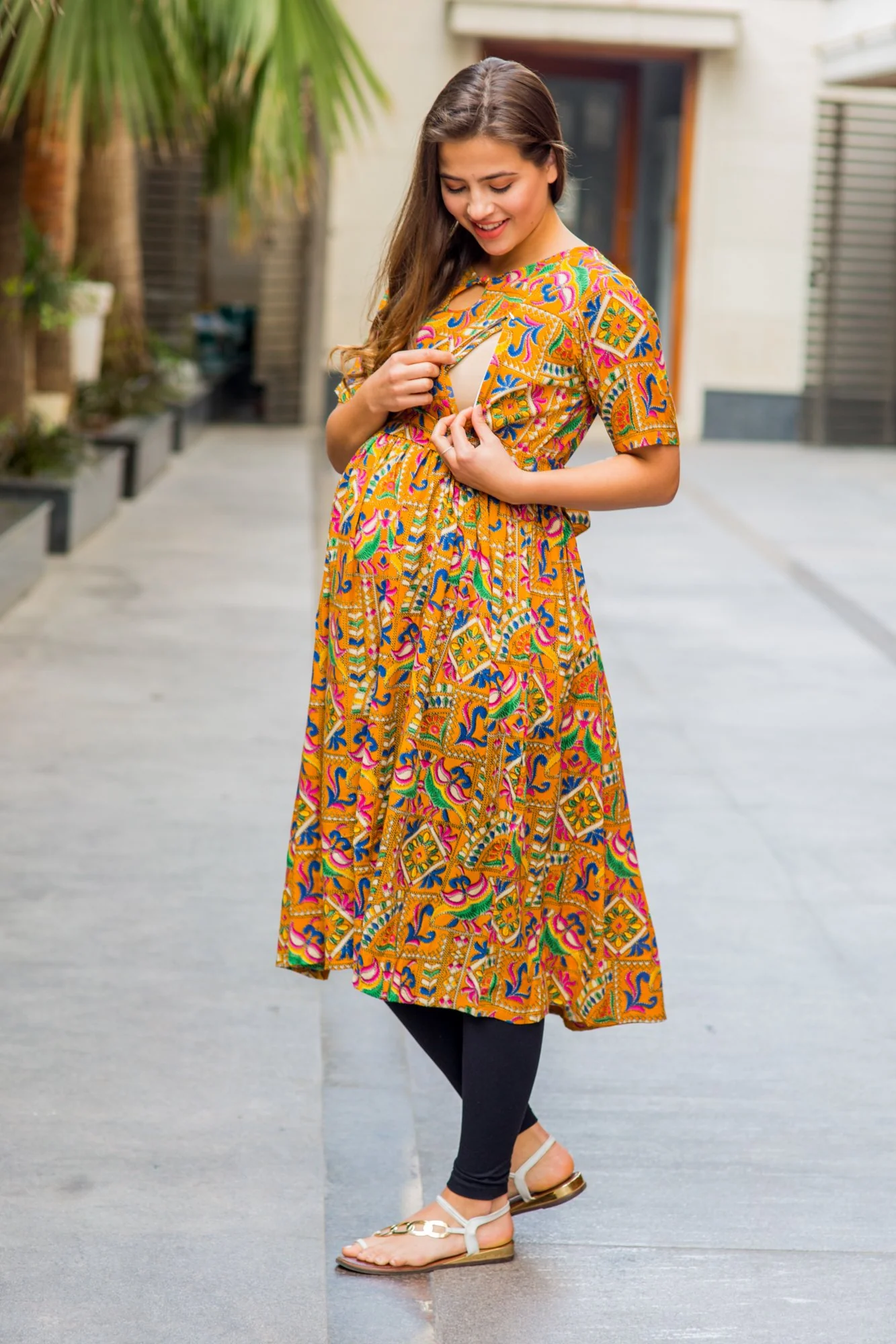 Yellow Threadwork Concealed Zip Maternity & Nursing Kurta - Chenance