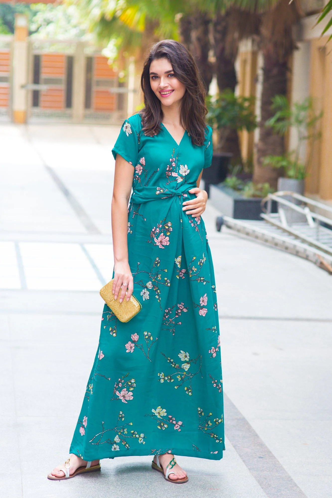 Exquisite Emerald Floral Front Knot Maternity Dress - Chenance
