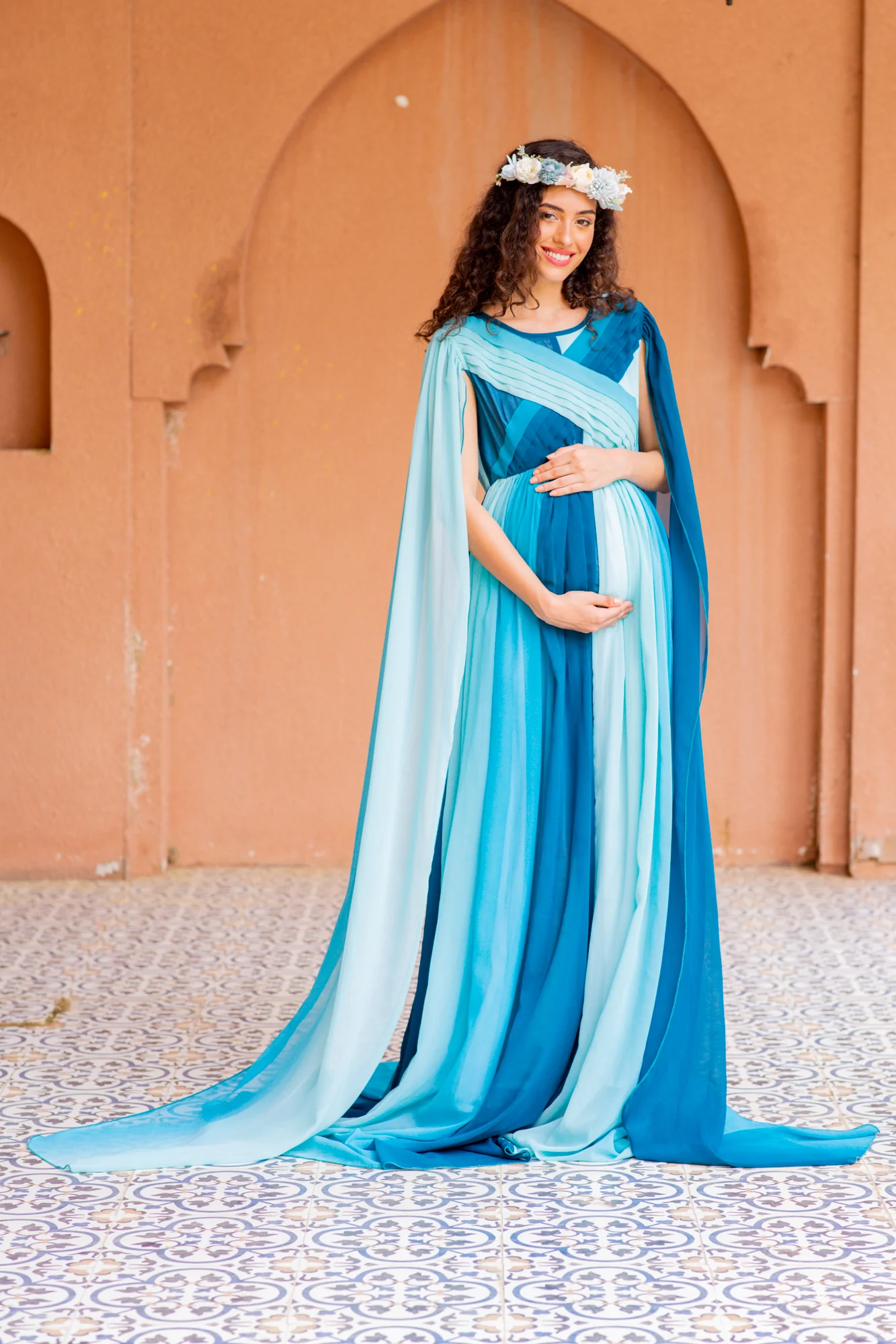 Victoria Blue Monochromatic Maternity Trail Photoshoot Gown - Chenance