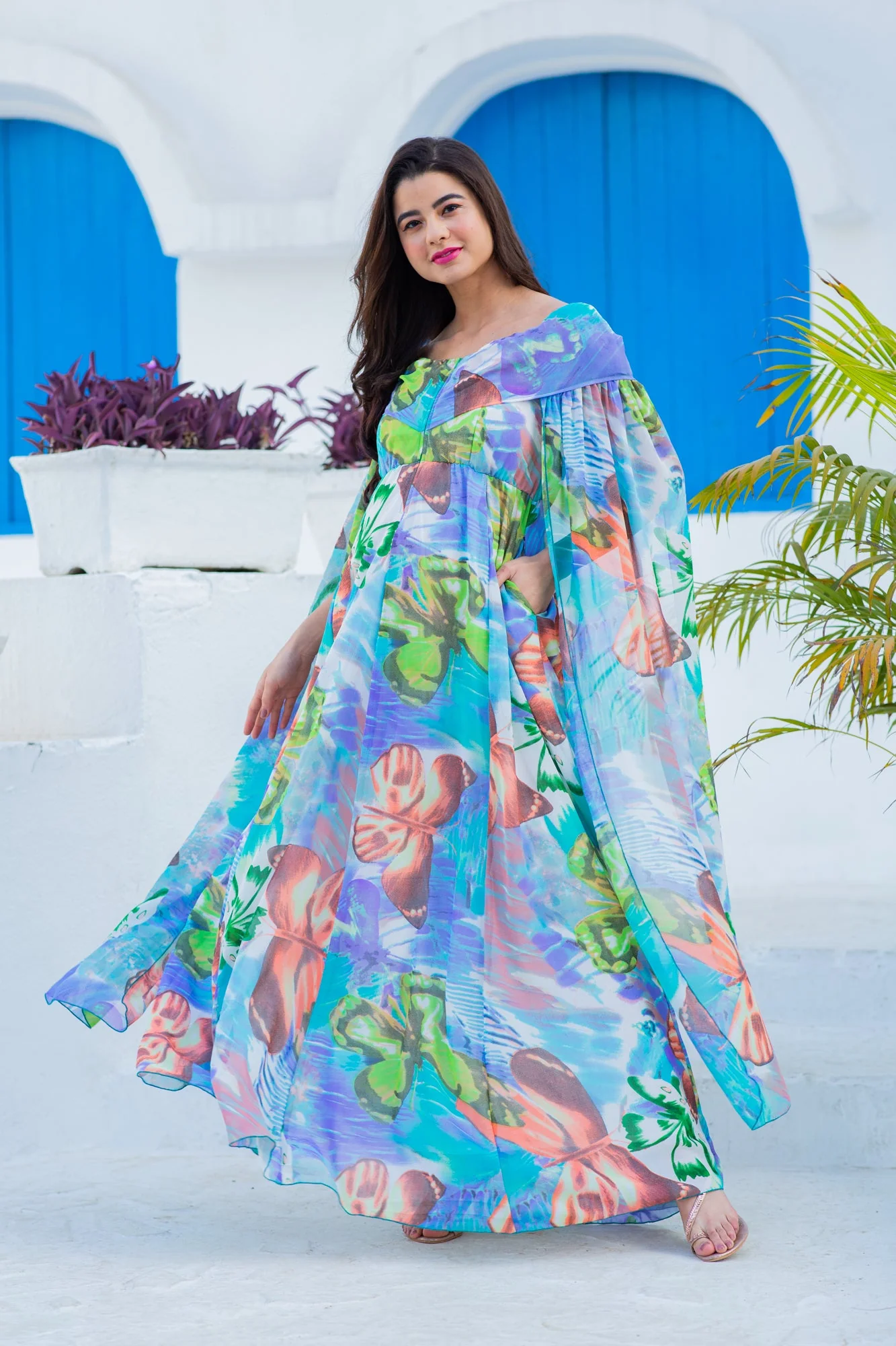 Aquamarine Blue Butterflying Sleeves Maternity & Nursing Dress - Chenance