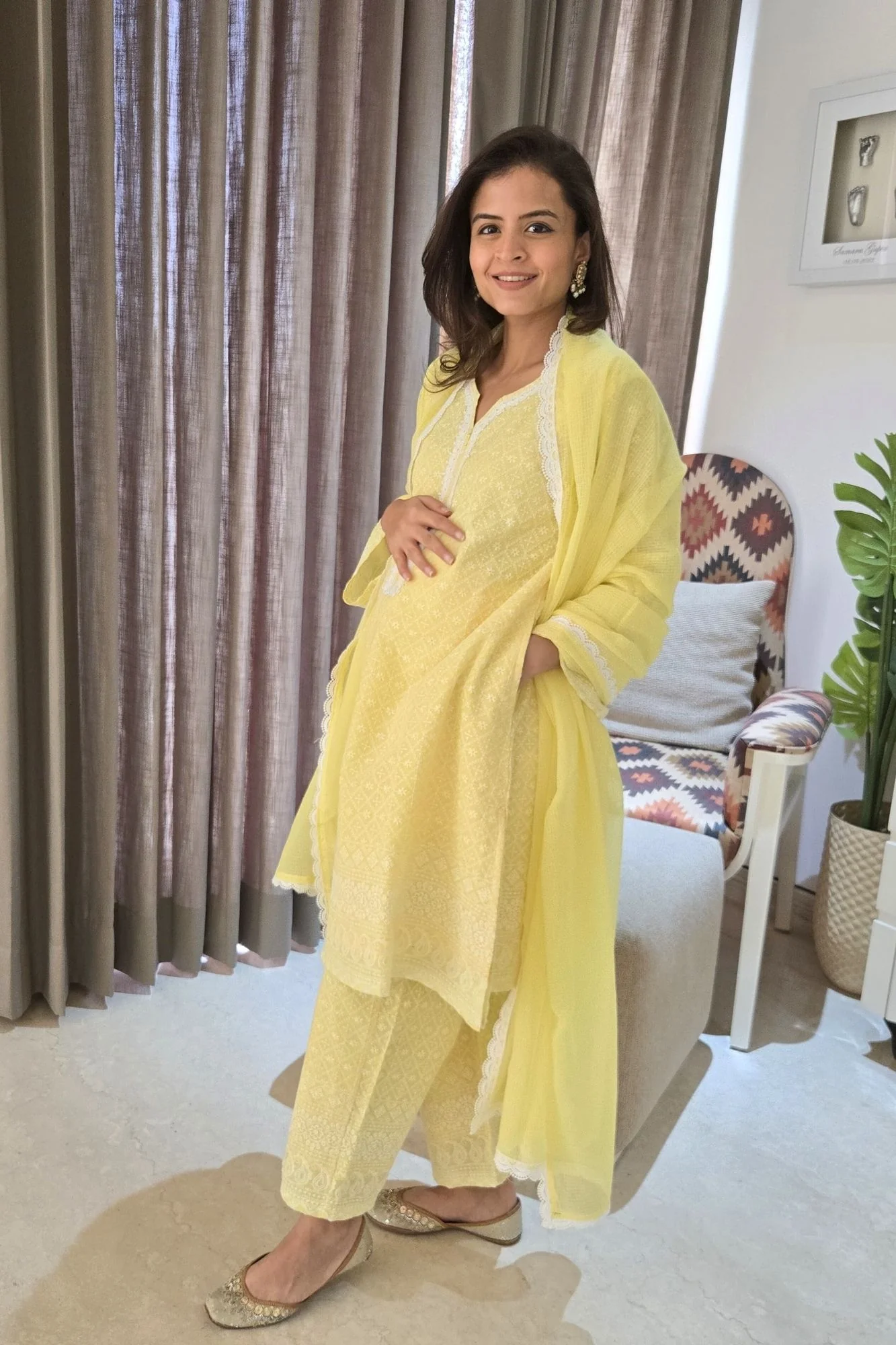 Yellow Maternity & Nursing Kurta + Bottom + Dupatta (3 Pc) (100% Cotton) - Chenance