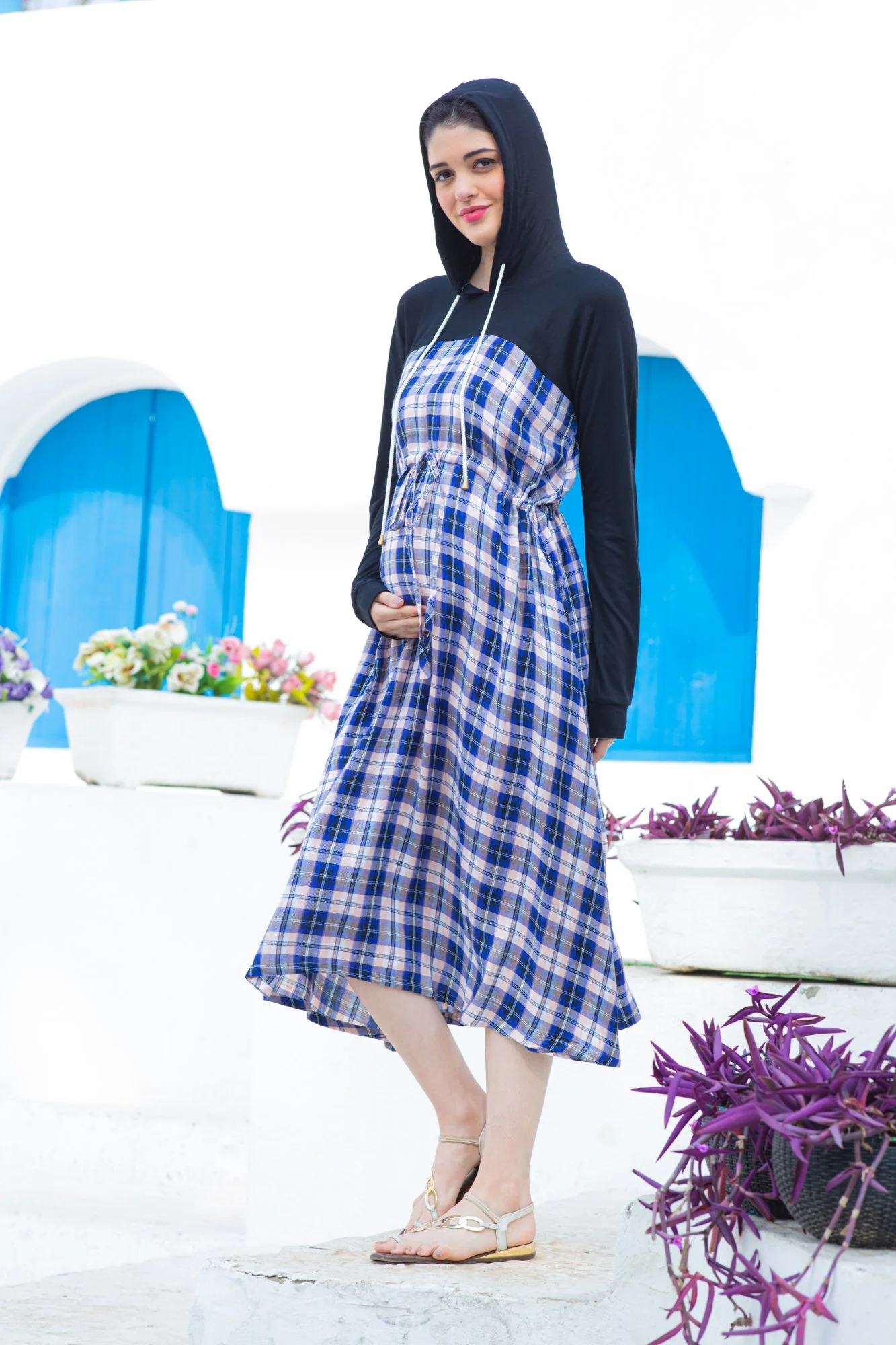 Azure Plaid Maternity Hoodie Dress - Chenance