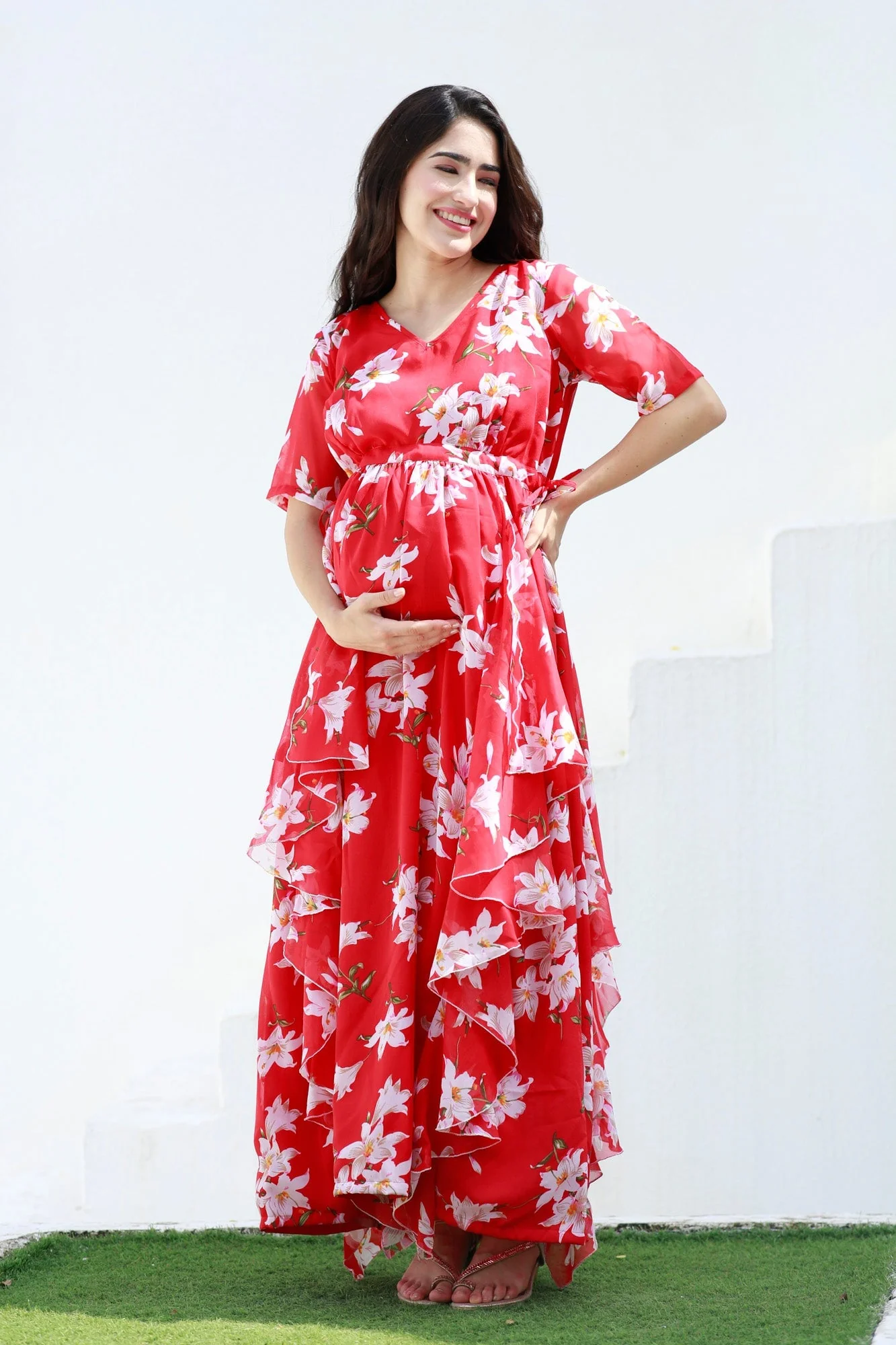 Crimson Red Blossom Maternity Flow Dress - Chenance