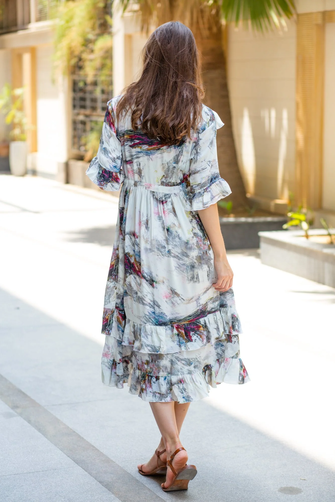 Abstract Front Frill Maternity & Nursing Midi Dress - Chenance