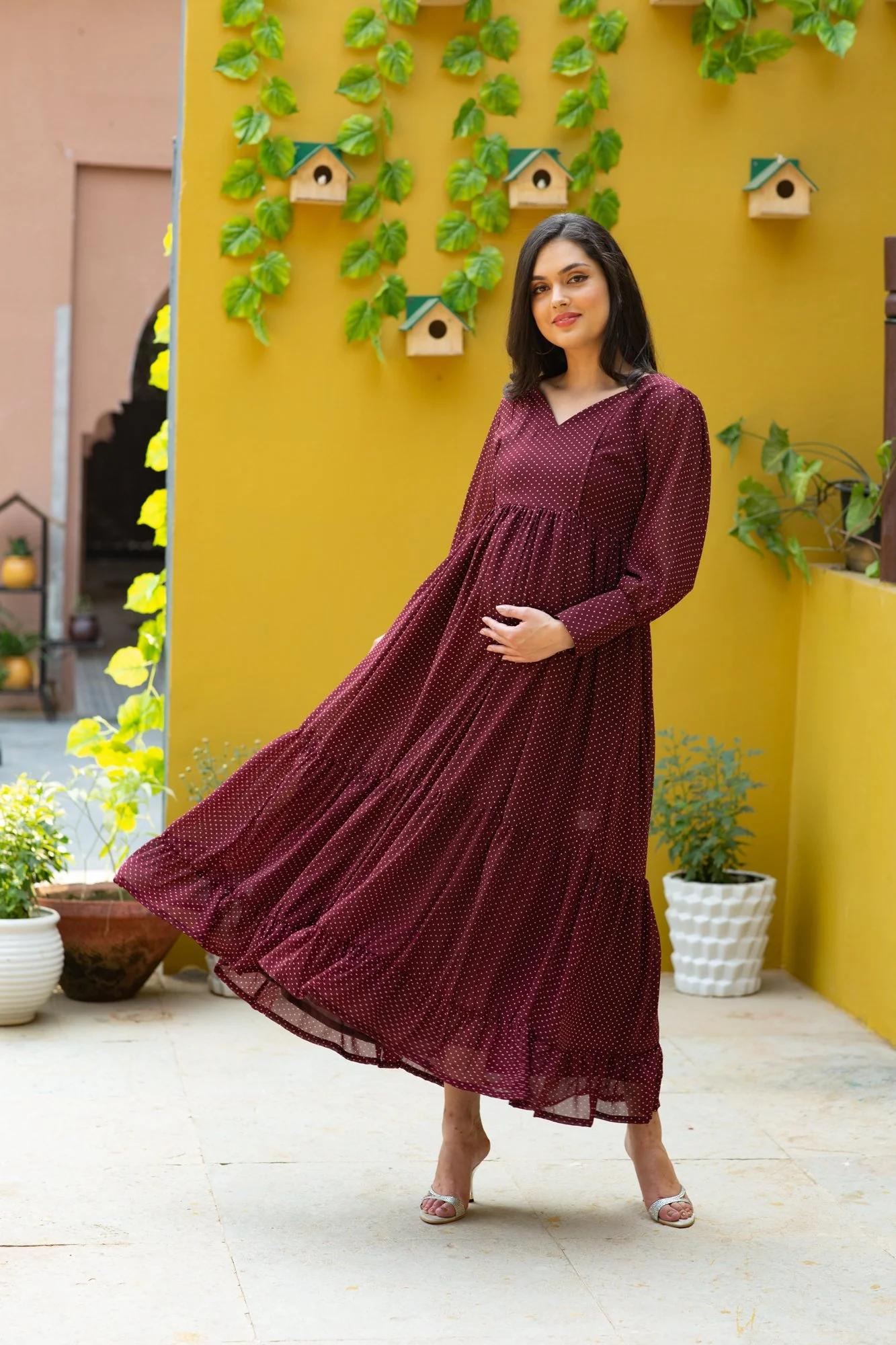 Chic Dotted Mulberry Maternity And Nursing Dress - Chenance