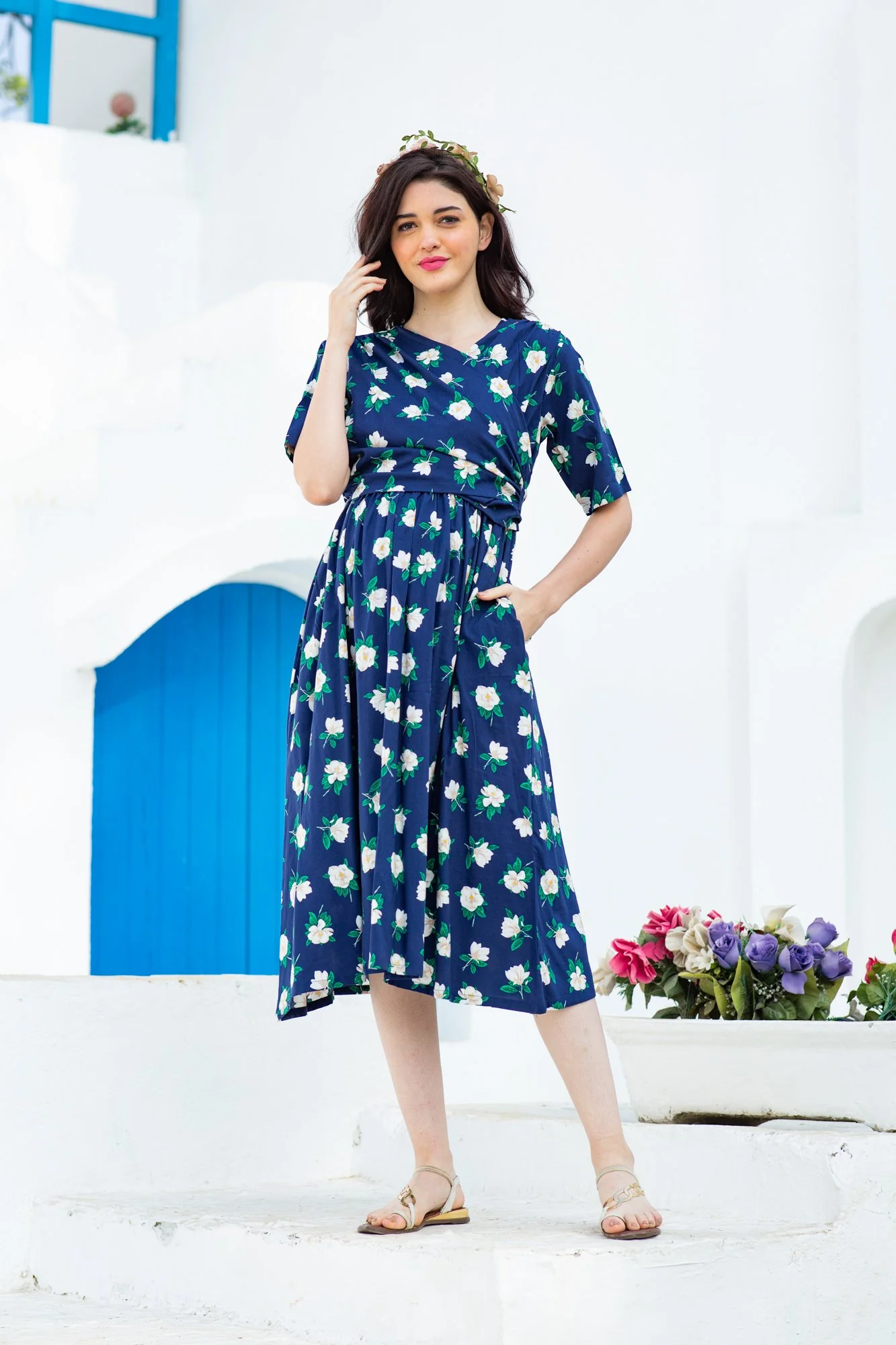 Azure Floral Maternity & Nursing Wrap Midi Dress - Chenance