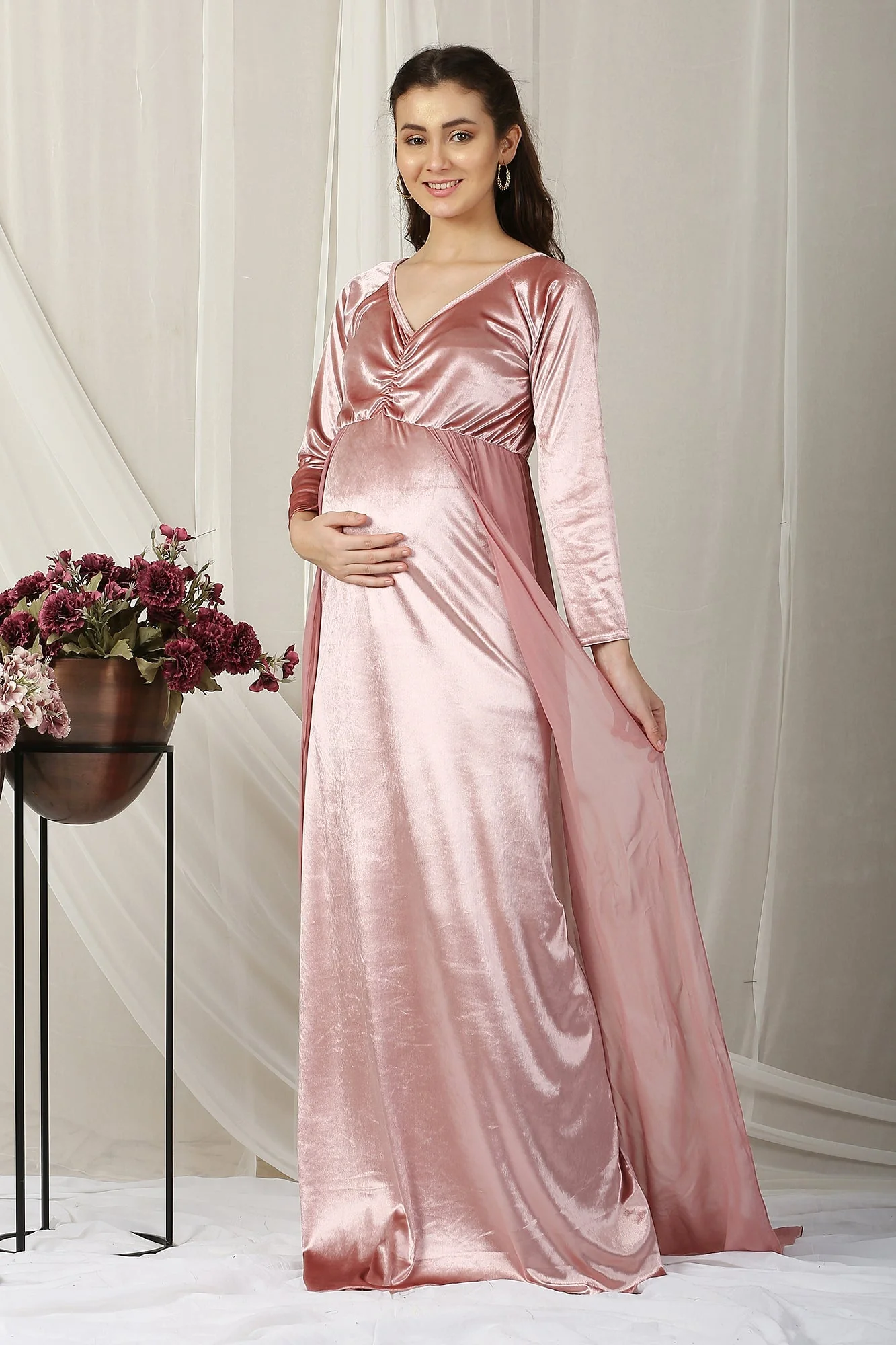 Luxe Sage Pink Trail Maternity Photoshoot Gown - Chenance