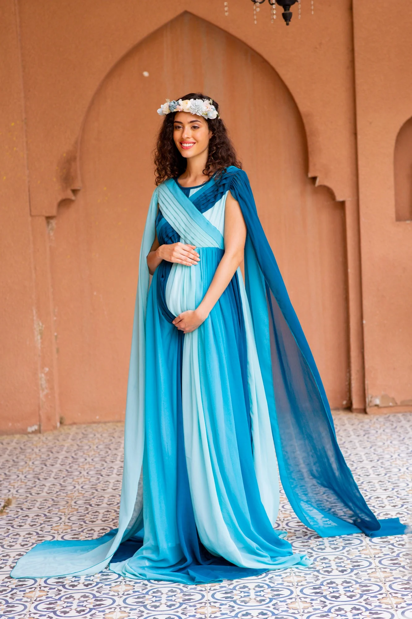 Victoria Blue Monochromatic Maternity Trail Photoshoot Gown - Chenance