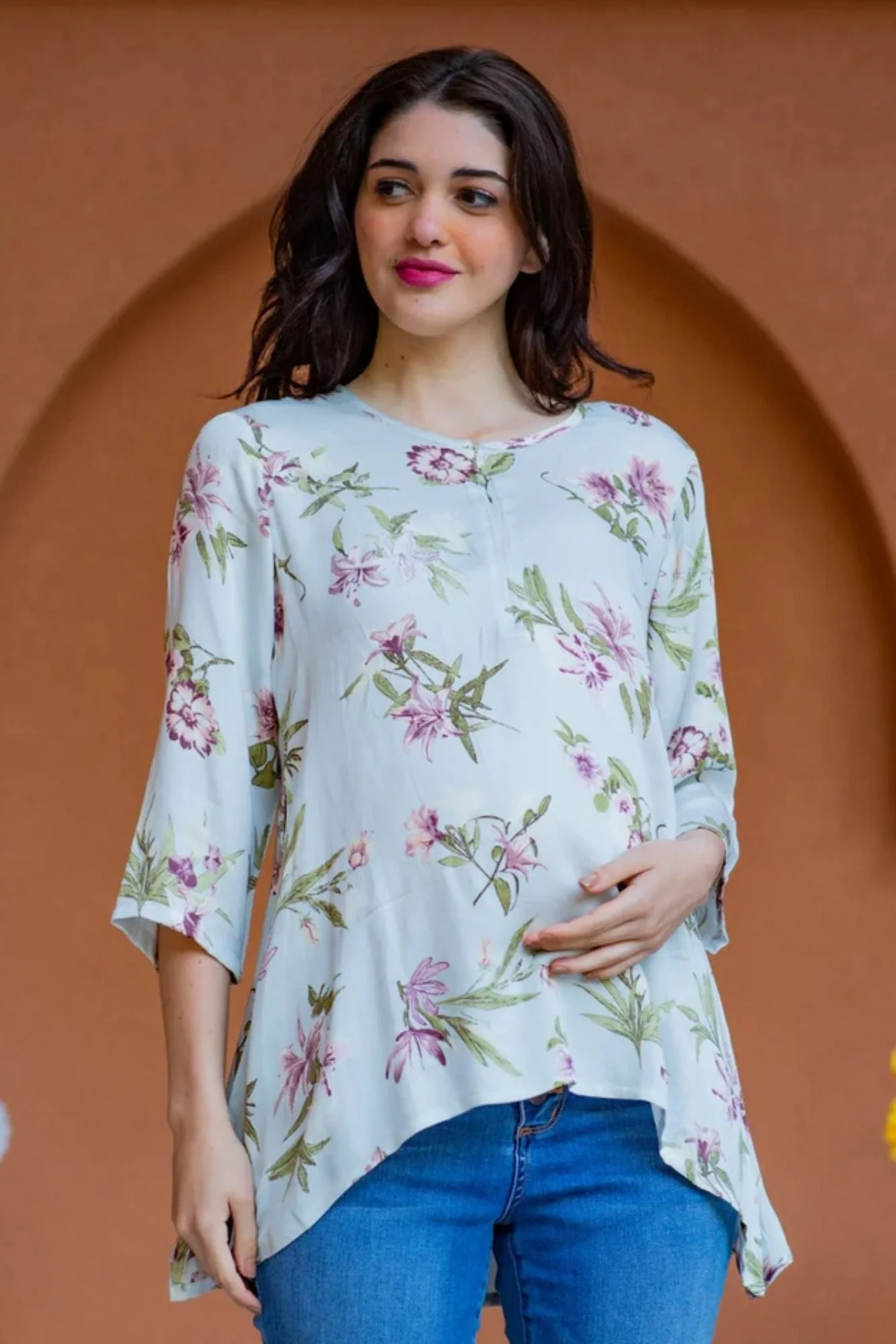 Mint Floral Viscose Maternity & Nursing Top - Chenance