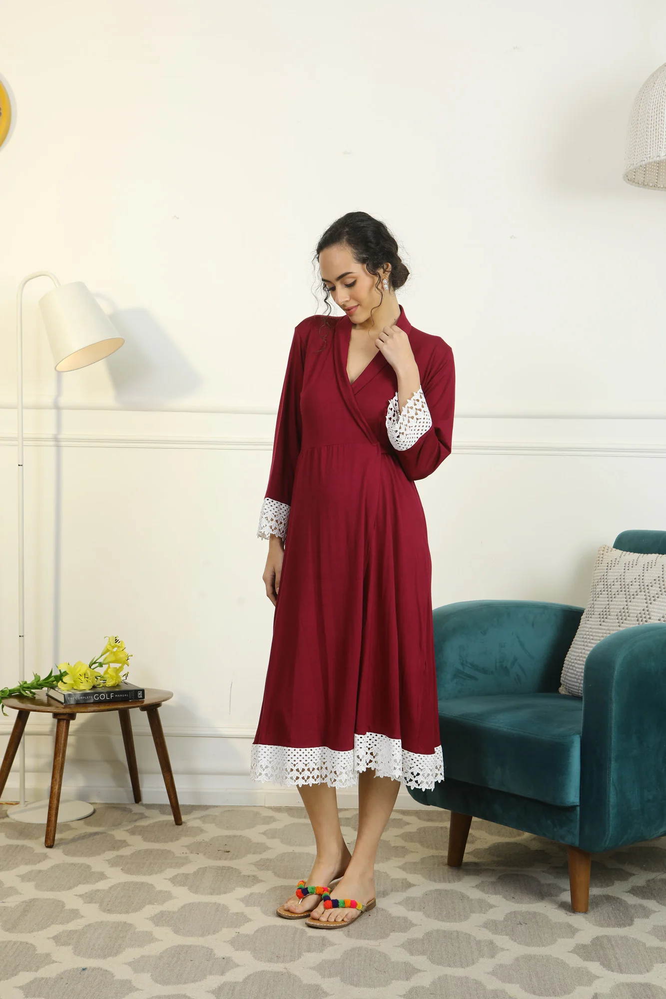Vibrant Mulberry Lycra Maternity & Nursing Wrap Nightwear Dress/ Hospital Gown/ Delivery Robes - Chenance