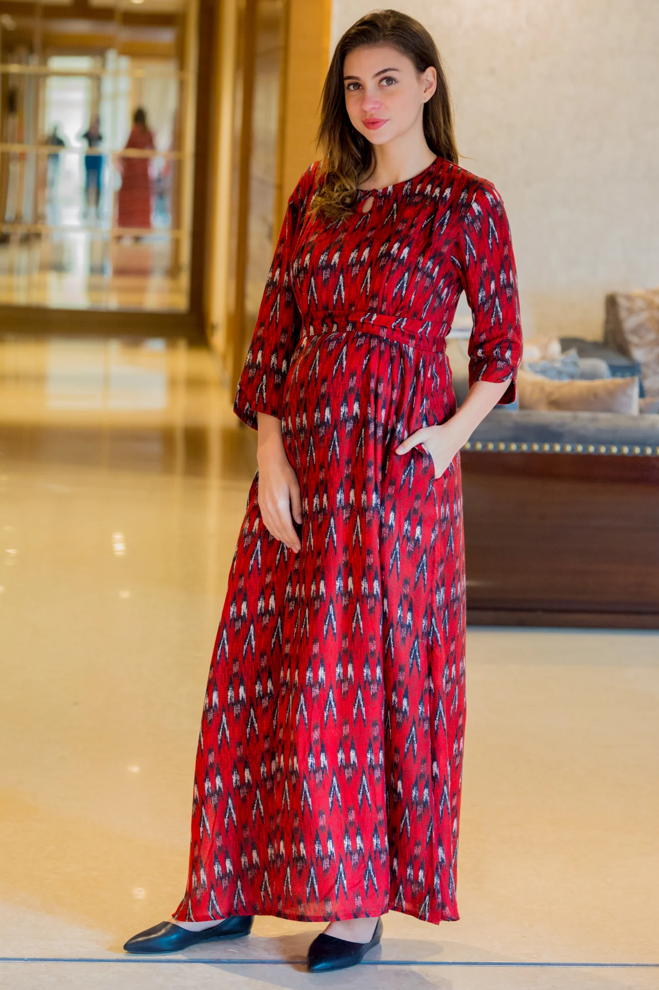 Crimson Aztec Side Slits Maternity & Nursing Dress - Chenance