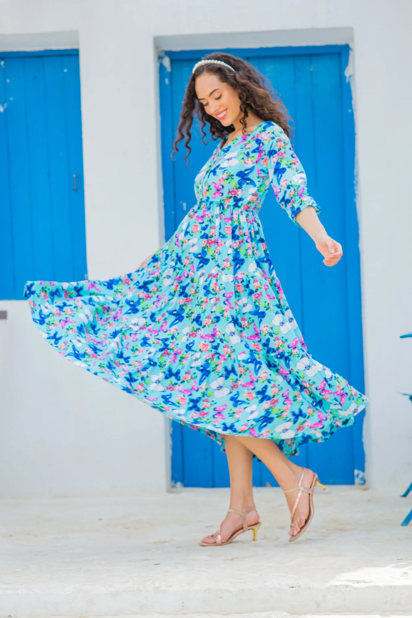 Vibrant Flowy Aqua Crepe Maternity & Nursing Dress - Chenance