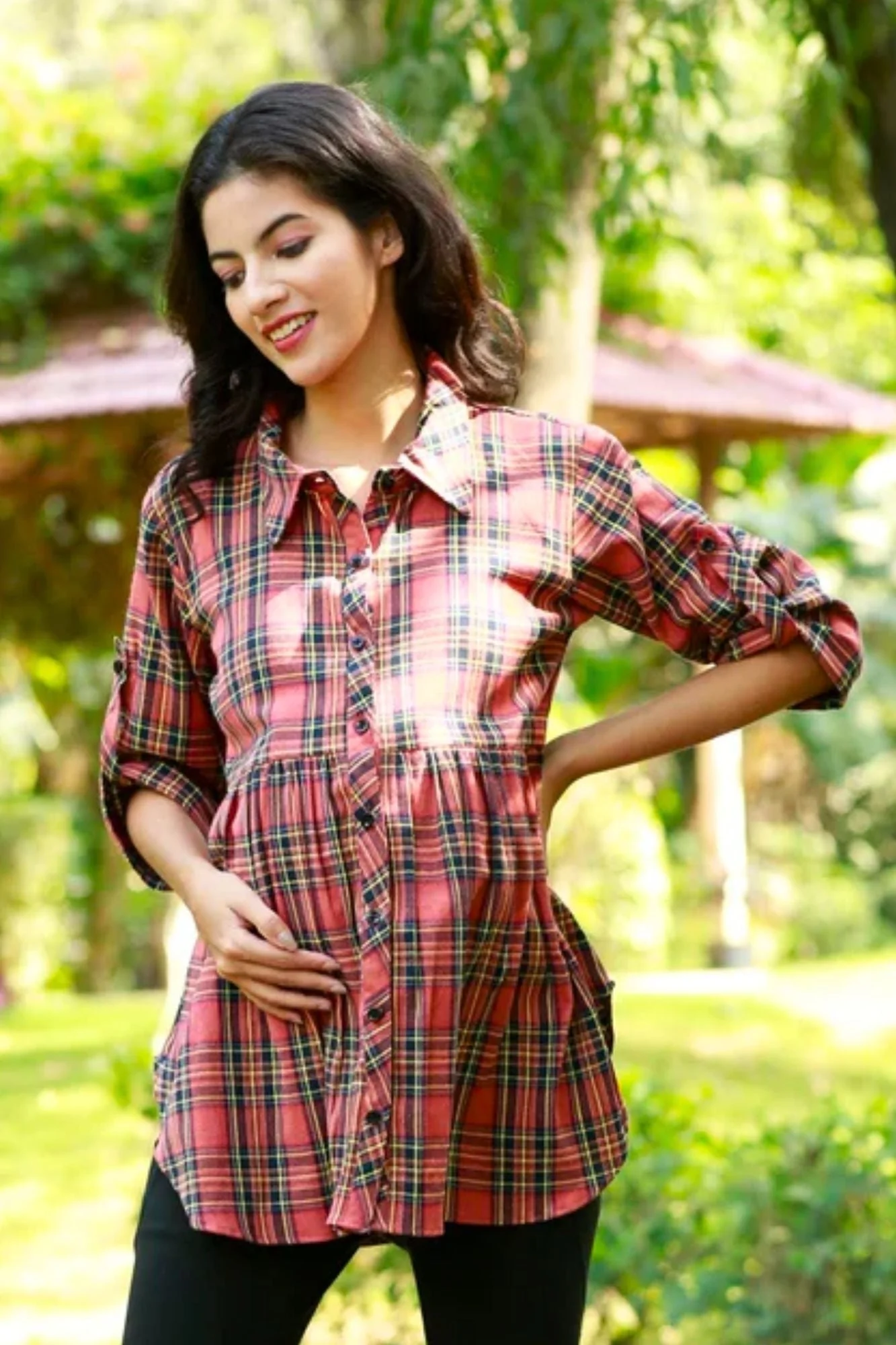 Chic Blush Red Tartan Check Maternity & Nursing Top - Chenance